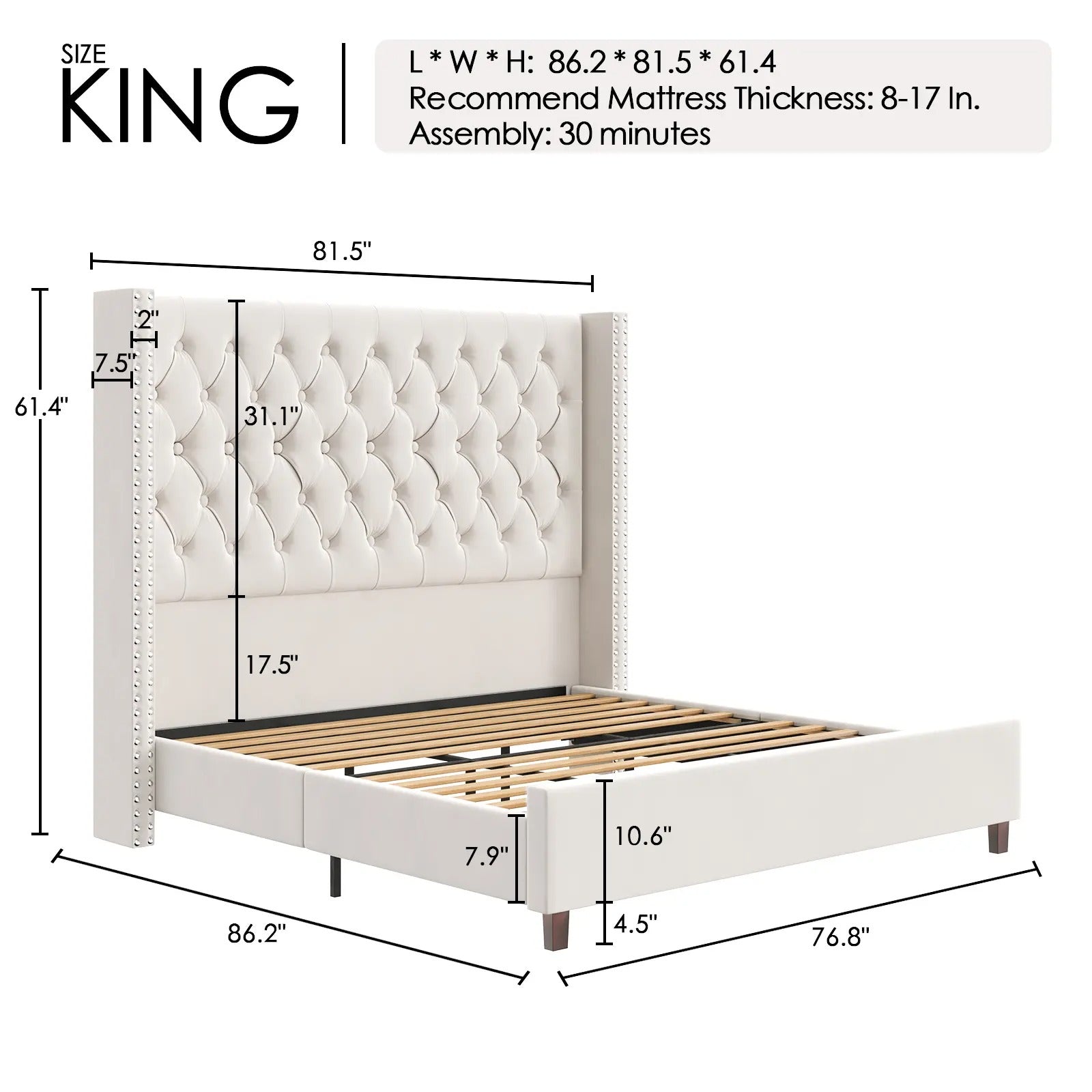 AMERLIFE 61.4" Tall Bed Frame, Modern Upholstered Bed, Wingback Headboard, Velvet Tufted Handcrafted Pleat Deep Button/Comfort Luxury Design/Interior Wood Slats/No Box Spring Needed, Queen/King Size/Christmas Gifts