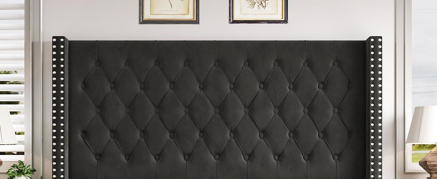 AMERLIFE 61.4" Tall Bed Frame, Modern Upholstered Bed, Wingback Headboard, Velvet Tufted Handcrafted Pleat Deep Button/Comfort Luxury Design/Interior Wood Slats/No Box Spring Needed, Queen/King Size/Christmas Gifts