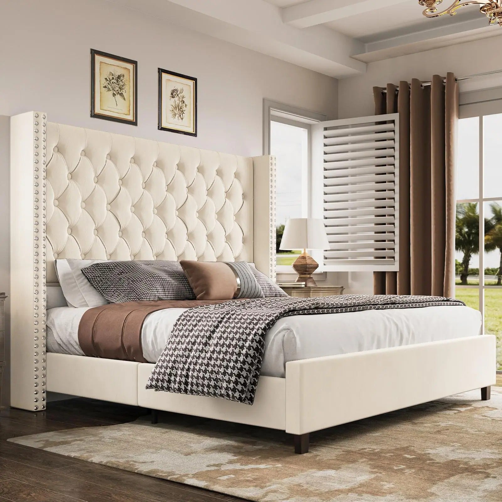 AMERLIFE 61.4" Tall Bed Frame, Modern Upholstered Bed, Wingback Headboard, Velvet Tufted Handcrafted Pleat Deep Button/Comfort Luxury Design/Interior Wood Slats/No Box Spring Needed, Queen/King Size/Christmas Gifts