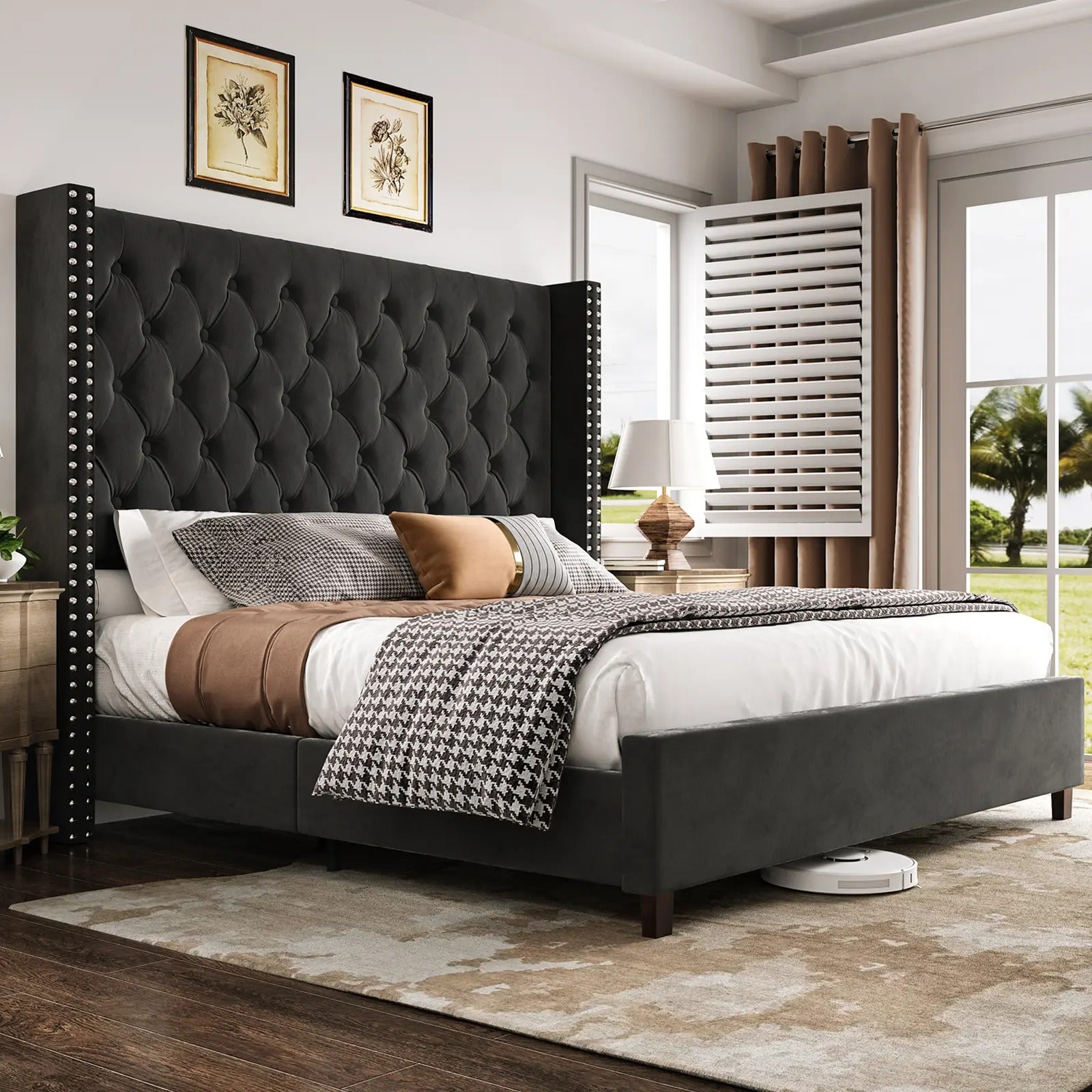 AMERLIFE 61.4" Tall Bed Frame, Modern Upholstered Bed, Wingback Headboard, Velvet Tufted Handcrafted Pleat Deep Button/Comfort Luxury Design/Interior Wood Slats/No Box Spring Needed, Queen/King Size/Christmas Gifts