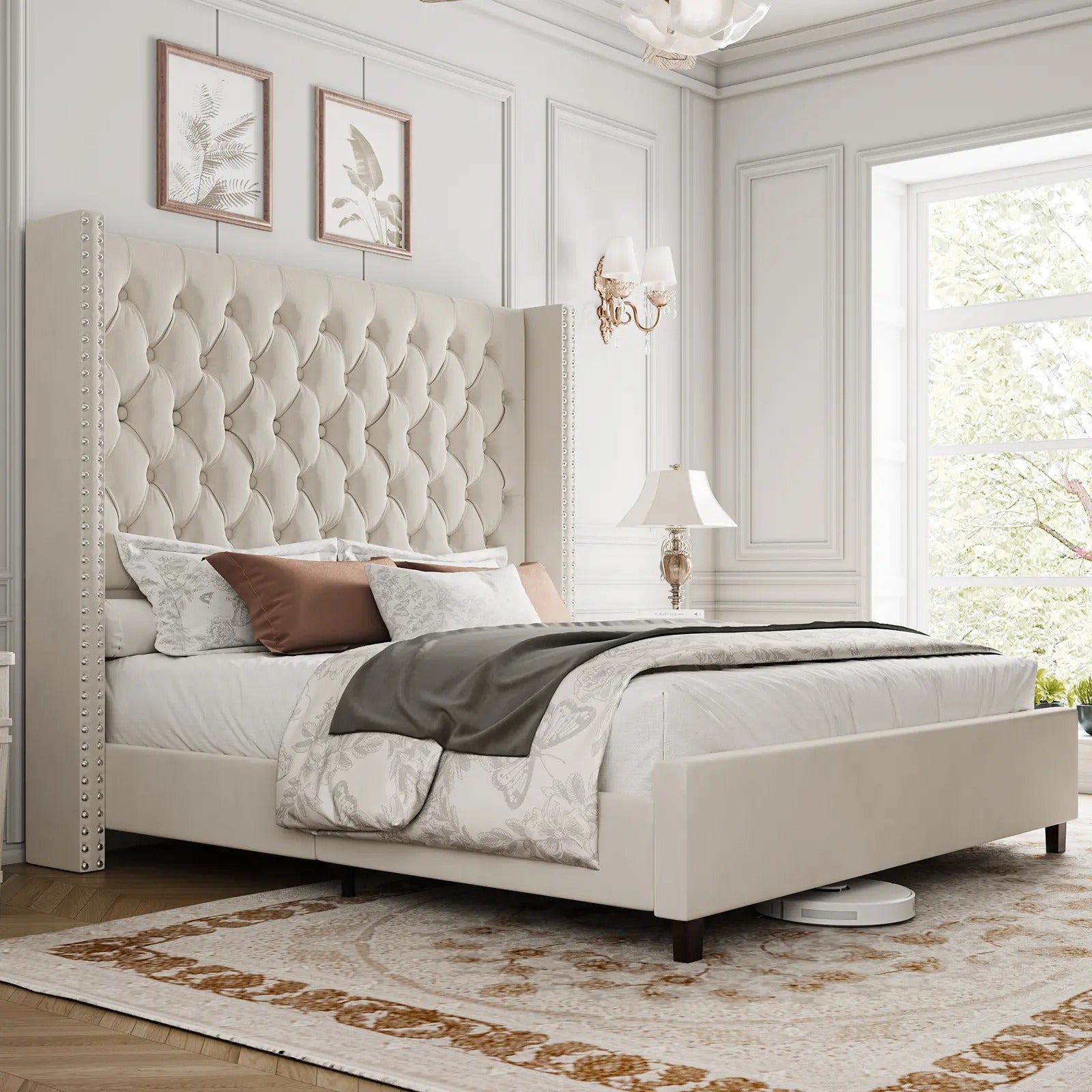 AMERLIFE 61.4" Tall Bed Frame, Modern Upholstered Bed, Wingback Headboard, Velvet Tufted Handcrafted Pleat Deep Button/Comfort Luxury Design/Interior Wood Slats/No Box Spring Needed, Queen/King Size/Christmas Gifts