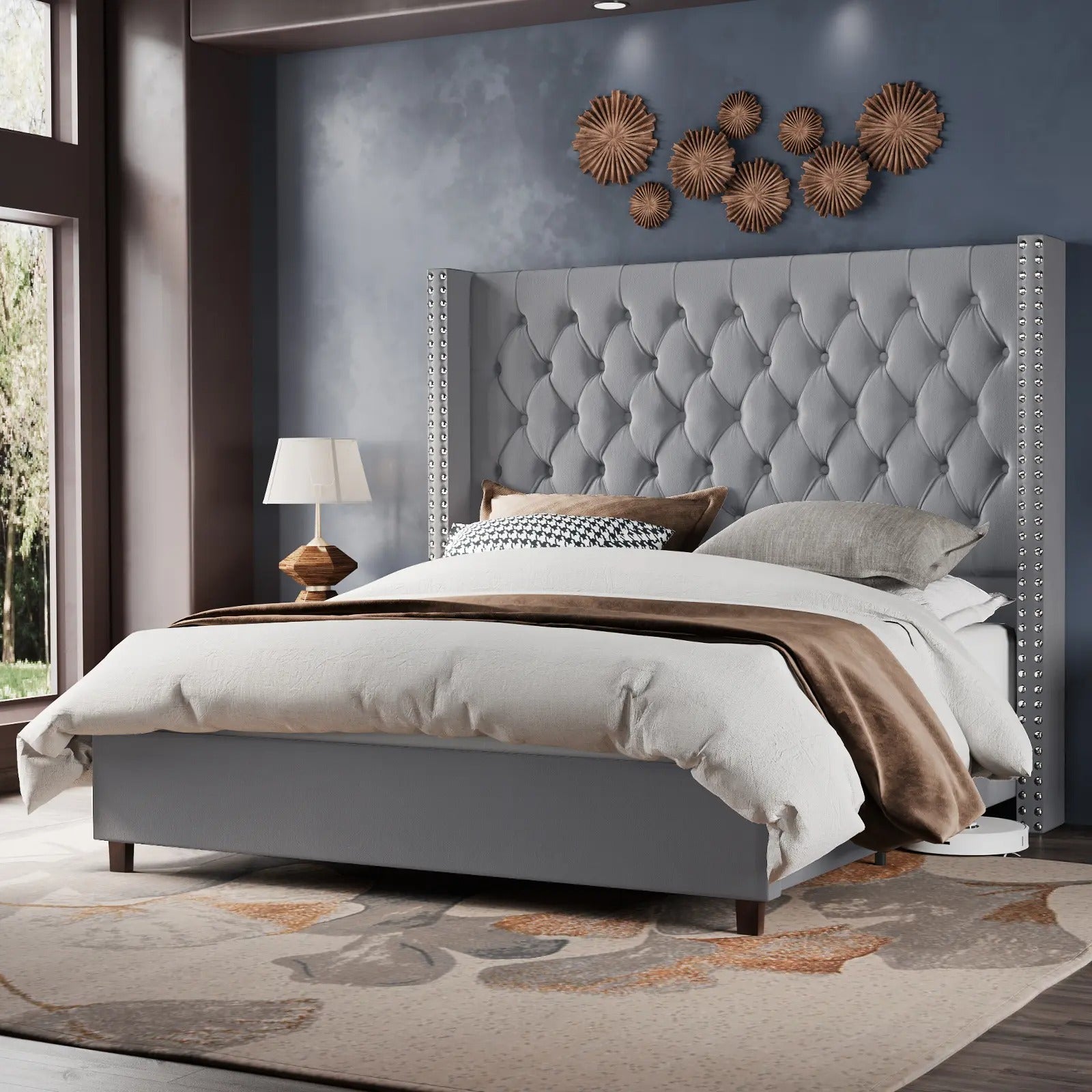 AMERLIFE 61.4" Tall Bed Frame, Modern Upholstered Bed, Wingback Headboard, Velvet Tufted Handcrafted Pleat Deep Button/Comfort Luxury Design/Interior Wood Slats/No Box Spring Needed, Queen/King Size/Christmas Gifts