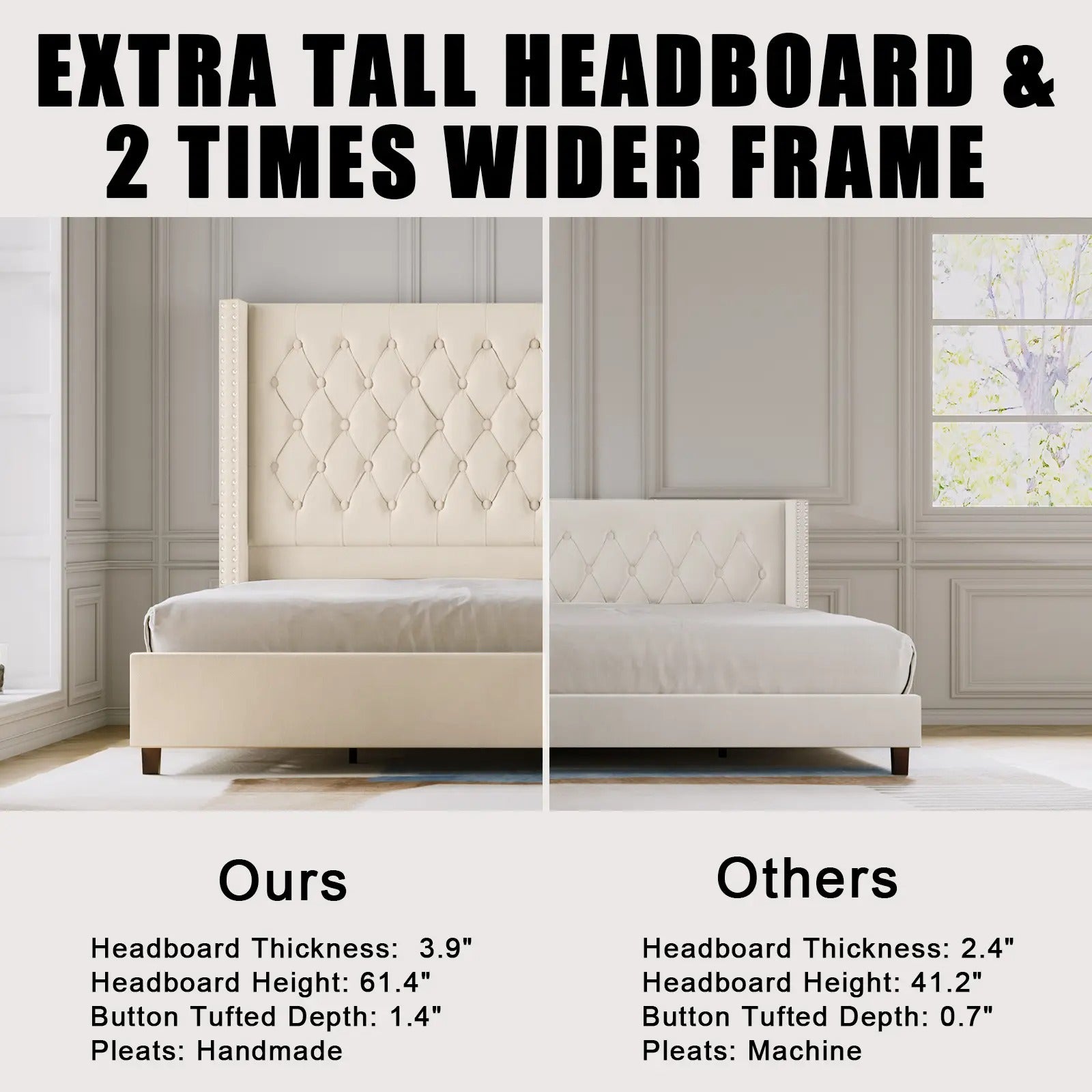 AMERLIFE 61.4" Tall Bed Frame, Modern Upholstered Bed, Wingback Headboard, Velvet Tufted Handcrafted Pleat Deep Button/Comfort Luxury Design/Interior Wood Slats/No Box Spring Needed, Queen/King Size/Christmas Gifts