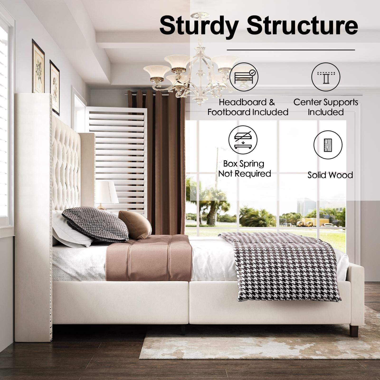 AMERLIFE 61.4" Tall Bed Frame, Modern Upholstered Bed, Wingback Headboard, Velvet Tufted Handcrafted Pleat Deep Button/Comfort Luxury Design/Interior Wood Slats/No Box Spring Needed, Queen/King Size/Christmas Gifts