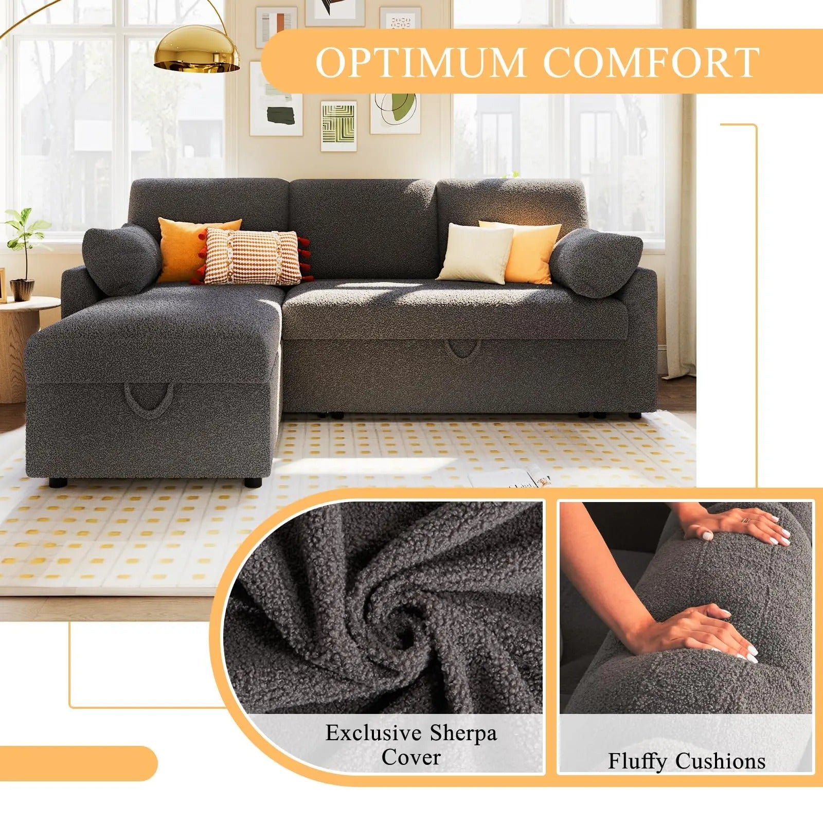 AMERLIFE L-Shaped Sectional Storage Sofa with Chaise, Reversible Sleeper Sofa Bed, 2-in-1 Pull Out Couch Living Room Furniture/Best Gift Ideas/Christmas Gifts