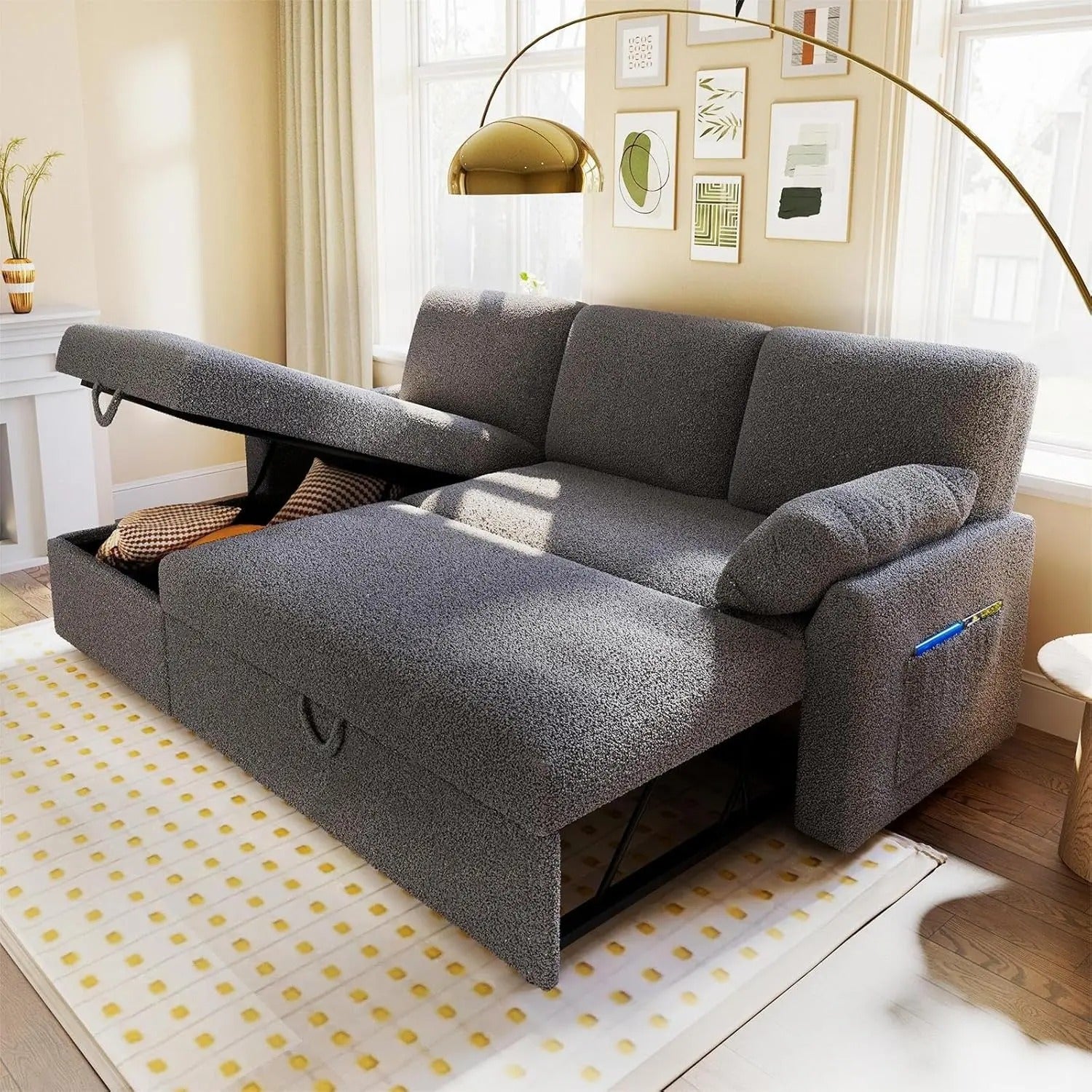 AMERLIFE L-Shaped Sectional Storage Sofa with Chaise, Reversible Sleeper Sofa Bed, 2-in-1 Pull Out Couch Living Room Furniture/Best Gift Ideas/Christmas Gifts