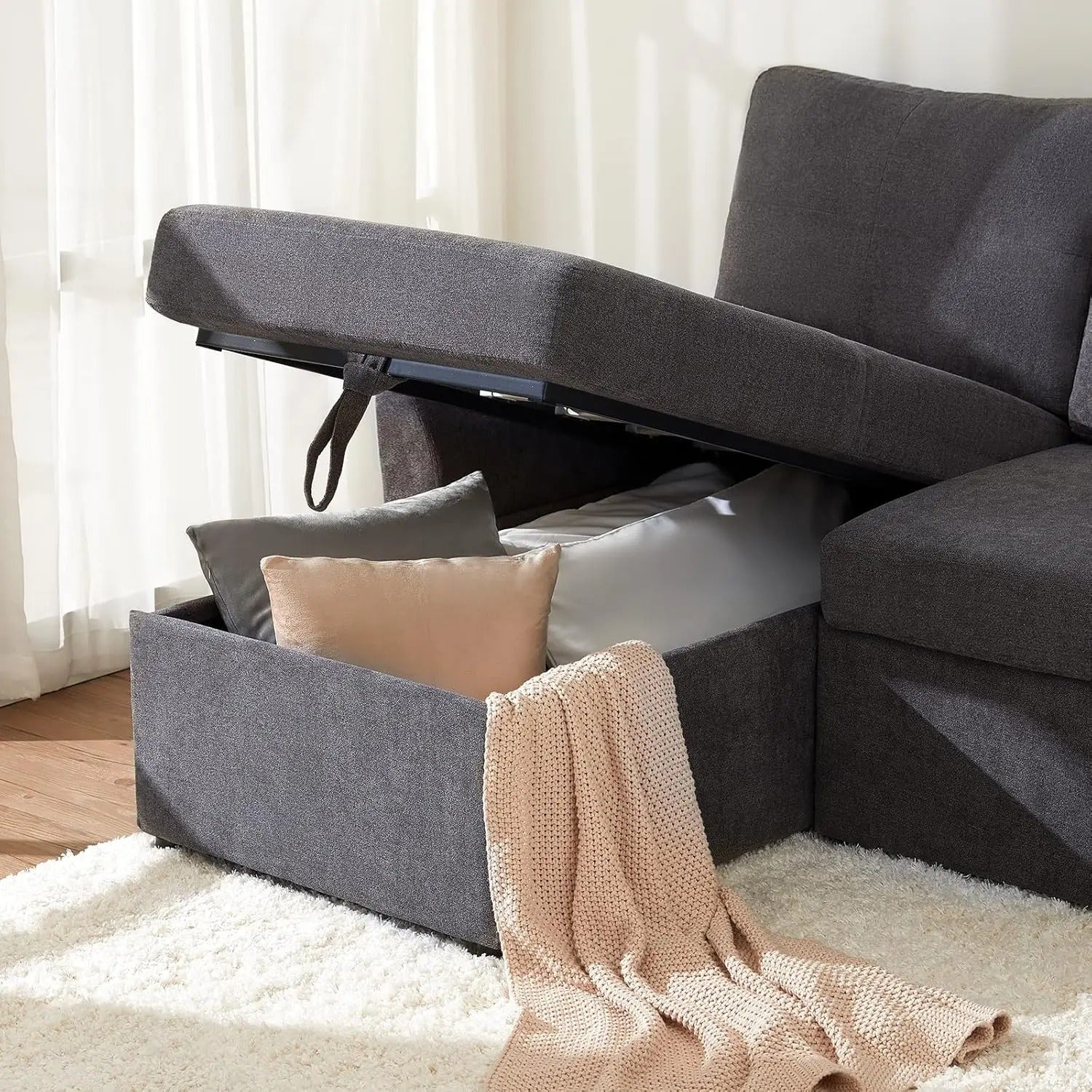 AMERLIFE L-Shaped Sectional Storage Sofa with Chaise, Reversible Sleeper Sofa Bed, 2-in-1 Pull Out Couch Living Room Furniture/Best Gift Ideas/Christmas Gifts