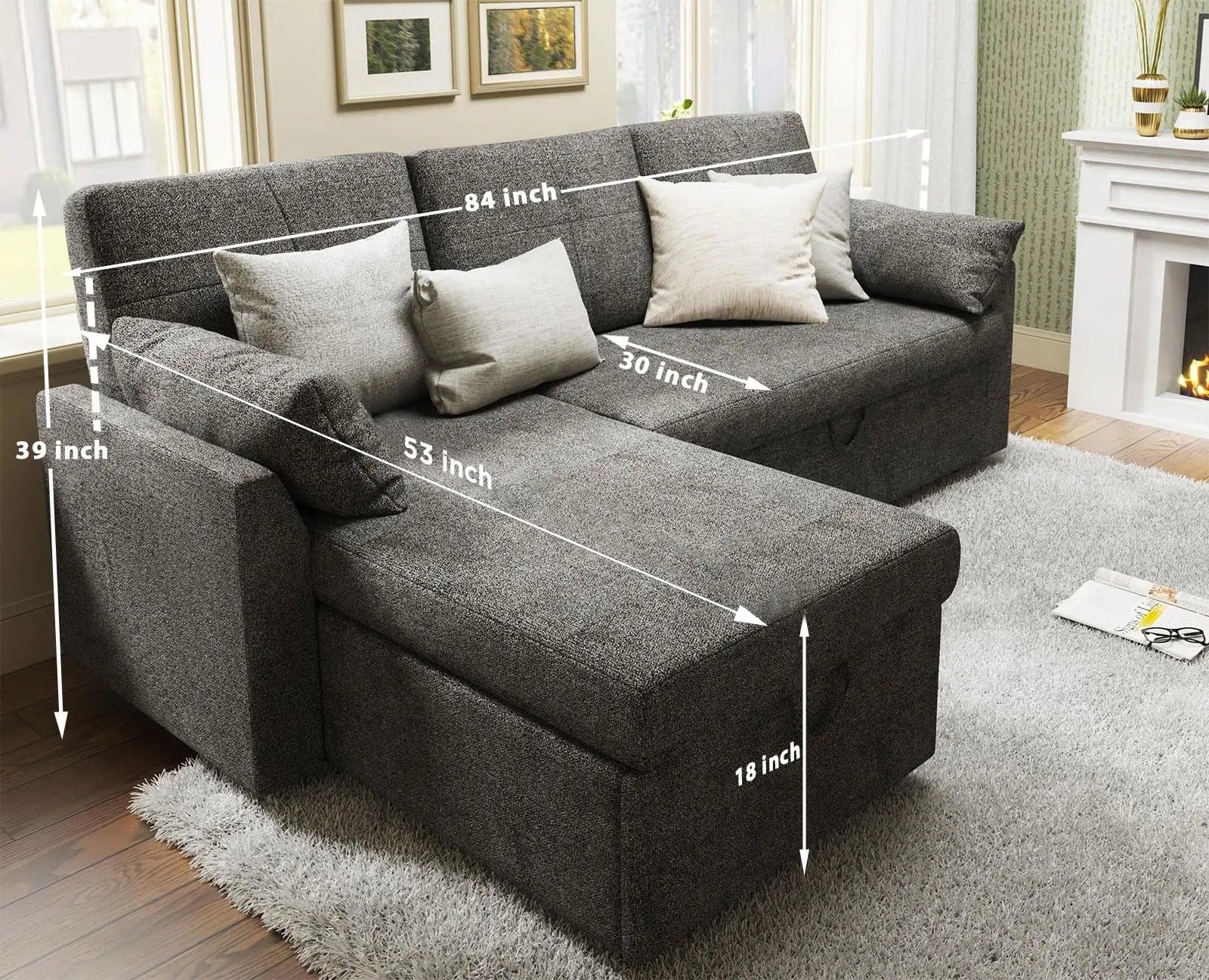 AMERLIFE L-Shaped Sectional Storage Sofa with Chaise, Reversible Sleeper Sofa Bed, 2-in-1 Pull Out Couch Living Room Furniture/Best Gift Ideas/Christmas Gifts