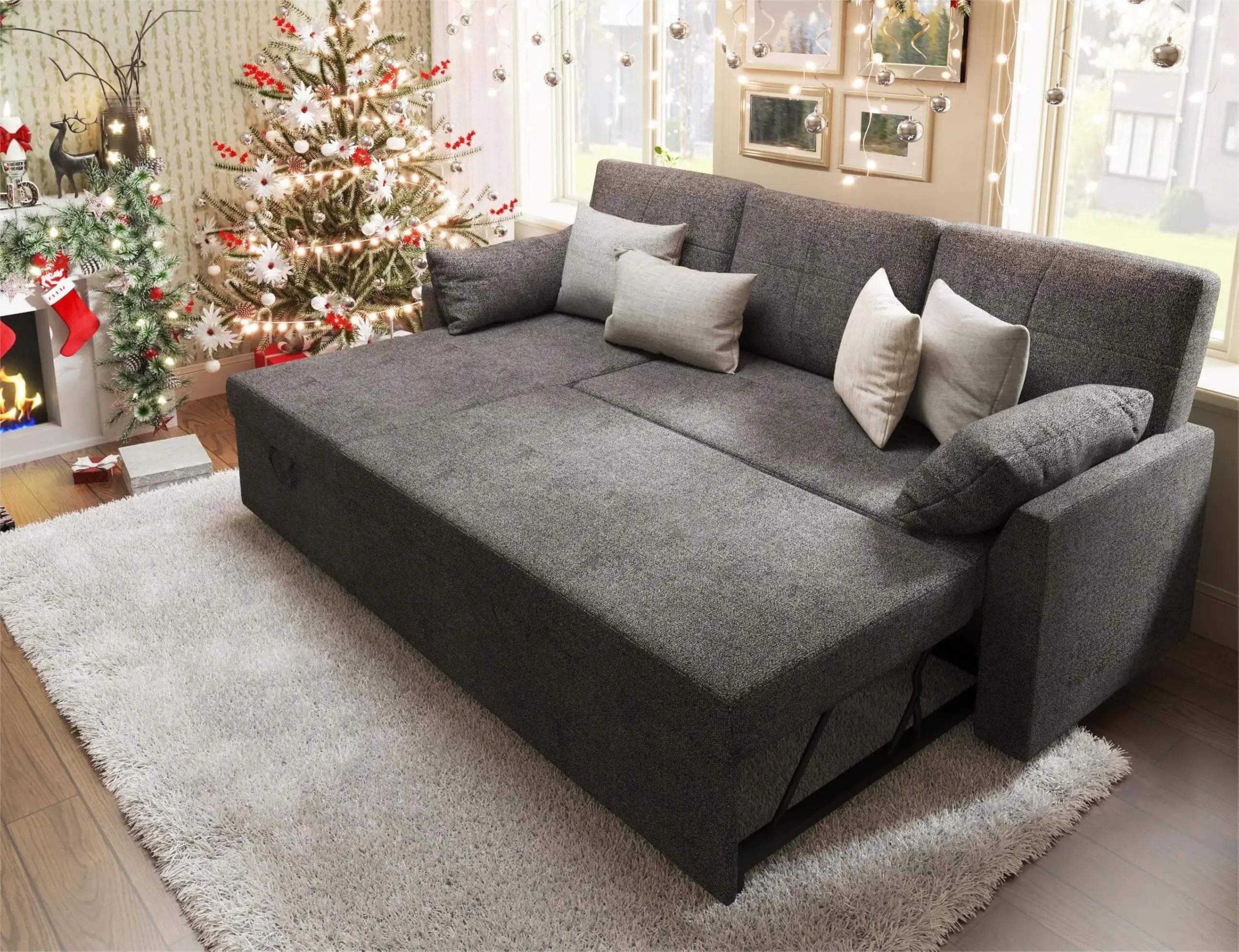 AMERLIFE L-Shaped Sectional Storage Sofa with Chaise, Reversible Sleeper Sofa Bed, 2-in-1 Pull Out Couch Living Room Furniture/Best Gift Ideas/Christmas Gifts