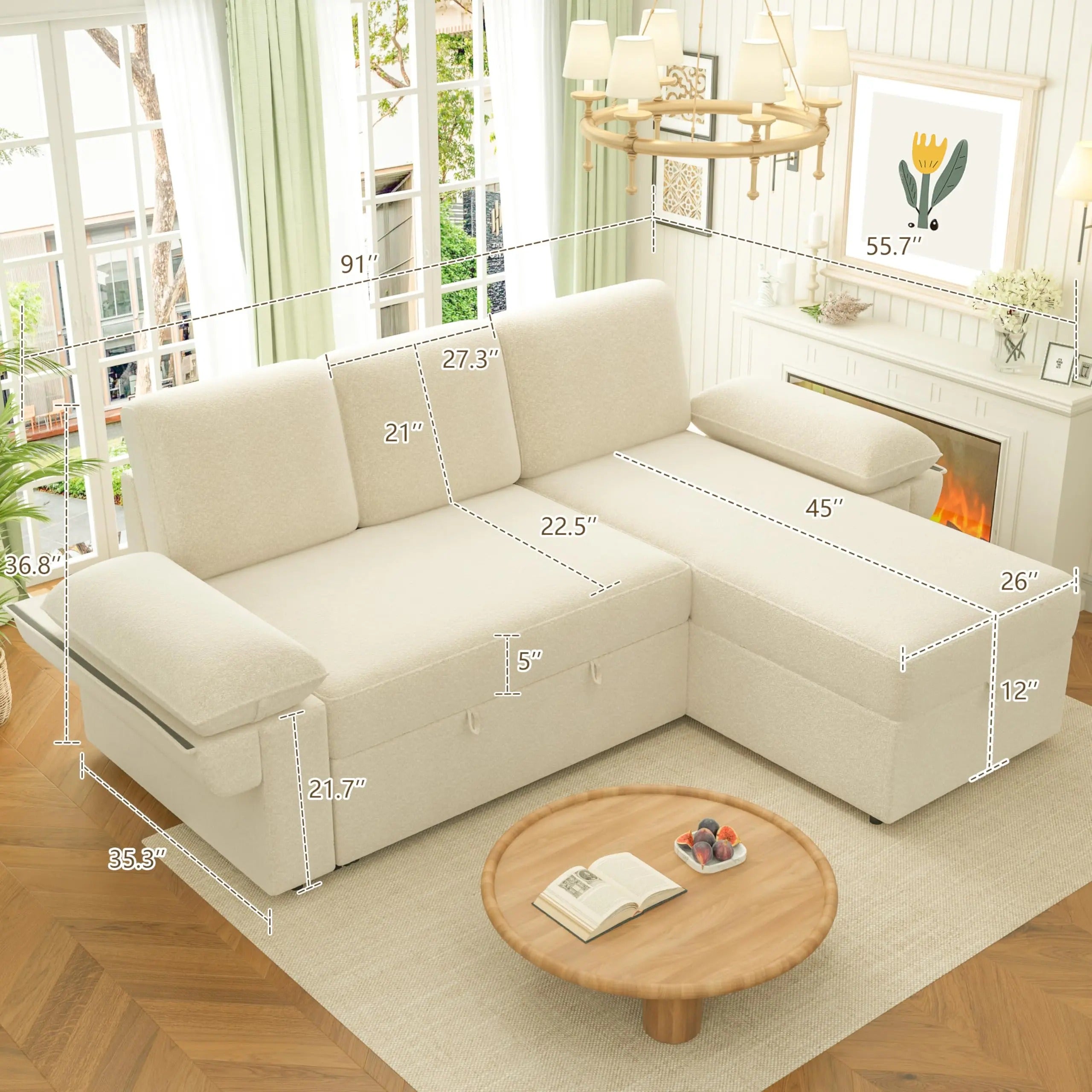 AMERLIFE L-Shaped Sectional Storage Sofa with Chaise, Reversible Sleeper Sofa Bed, 2-in-1 Pull Out Couch Living Room Furniture/Best Gift Ideas/Christmas Gifts