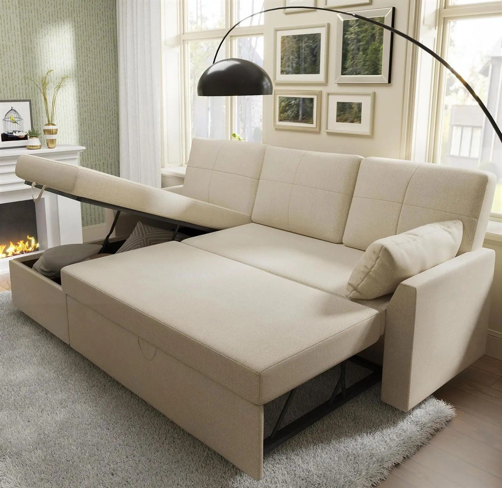AMERLIFE L-Shaped Sectional Storage Sofa with Chaise, Reversible Sleeper Sofa Bed, 2-in-1 Pull Out Couch Living Room Furniture/Best Gift Ideas/Christmas Gifts