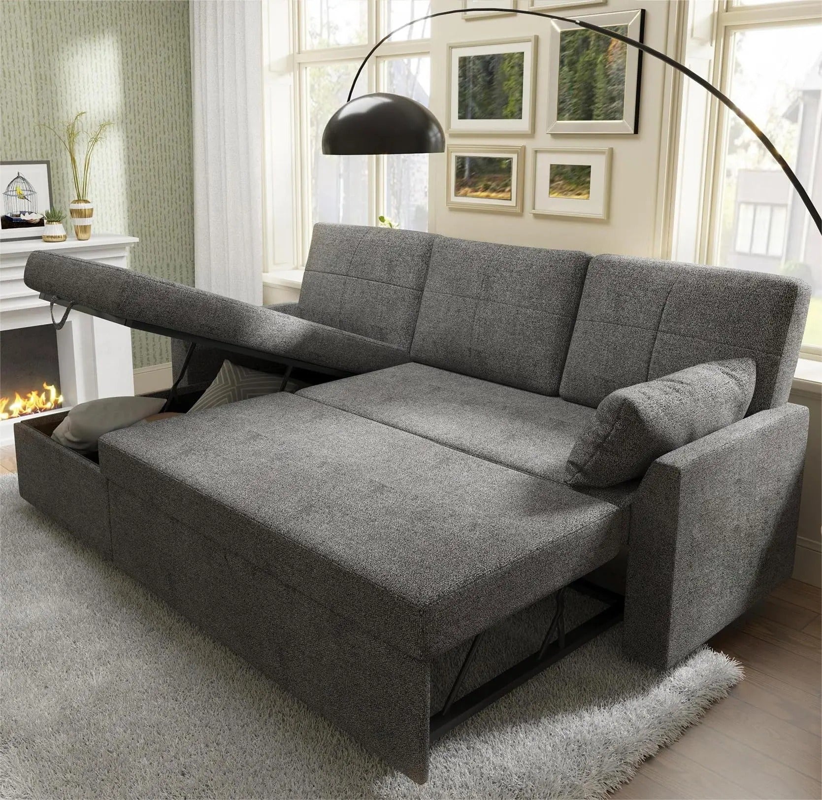 AMERLIFE L-Shaped Sectional Storage Sofa with Chaise, Reversible Sleeper Sofa Bed, 2-in-1 Pull Out Couch Living Room Furniture/Best Gift Ideas/Christmas Gifts