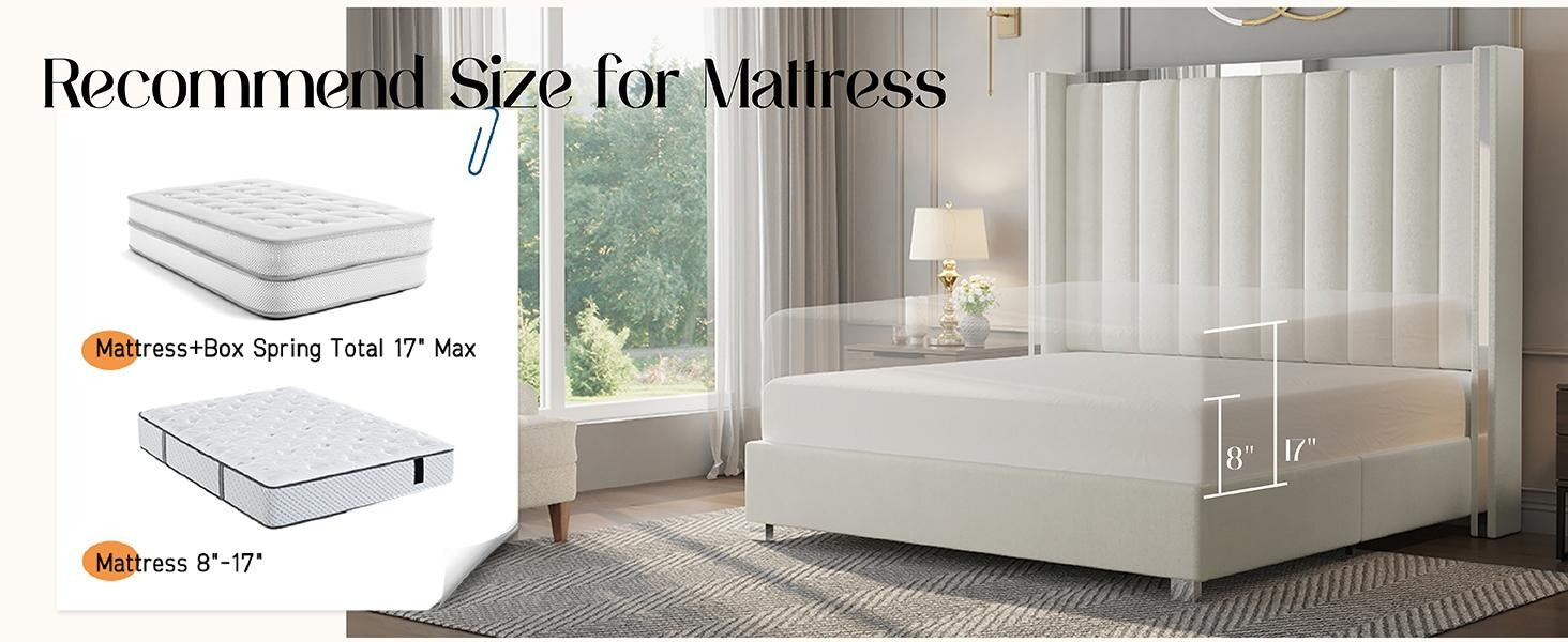 AMERLIFE Modern Bed Frame with 58" Tall Headboard, Velvet Upholstered Platform Bed with Channel Tufted Wingback Headboard & Plating Trim Design, No Box Spring Needed, Luxury Bedroom Furniture/Best Gift Ideas/Christmas Gifts