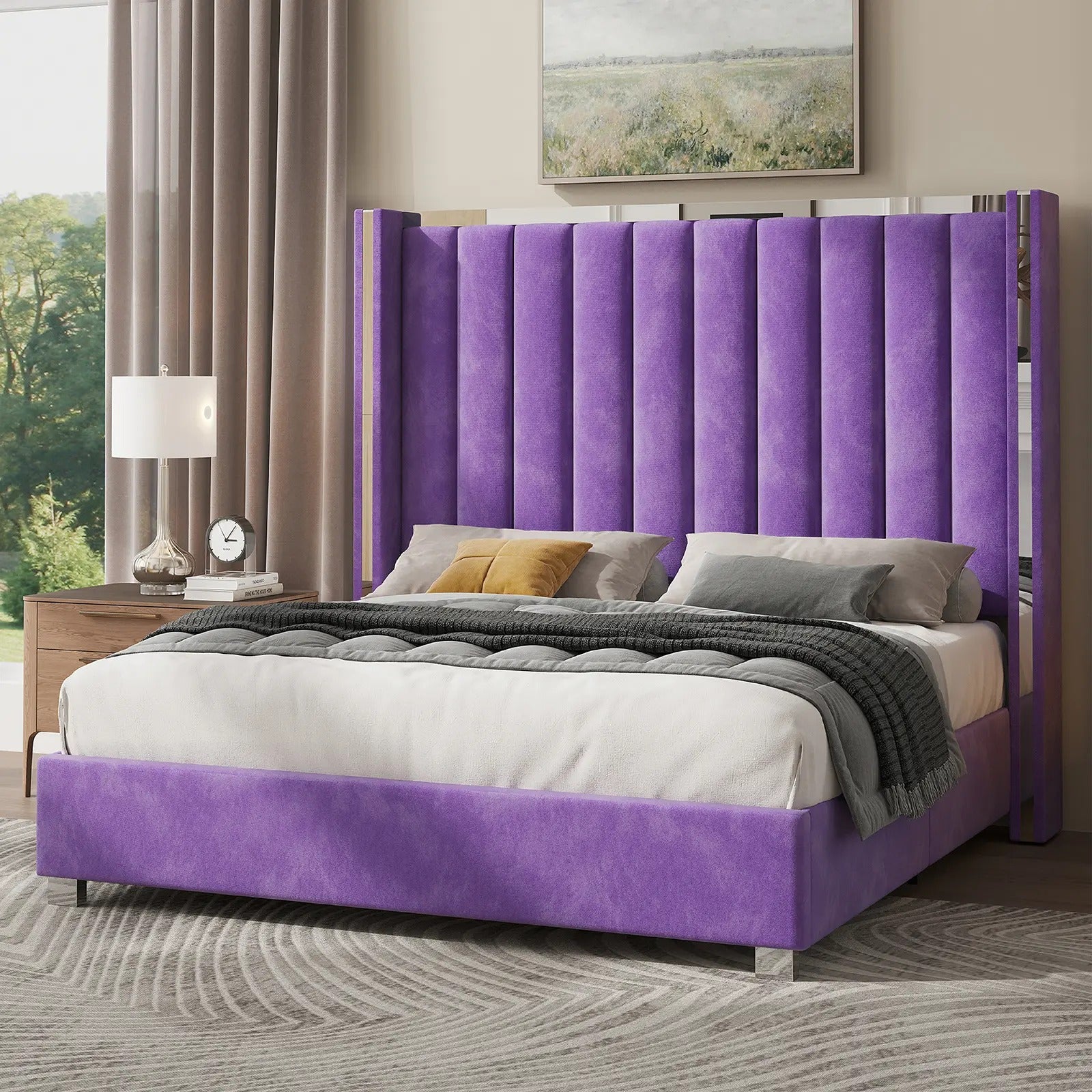 AMERLIFE Modern Bed Frame with 58" Tall Headboard, Velvet Upholstered Platform Bed with Channel Tufted Wingback Headboard & Plating Trim Design, No Box Spring Needed, Luxury Bedroom Furniture/Best Gift Ideas/Christmas Gifts