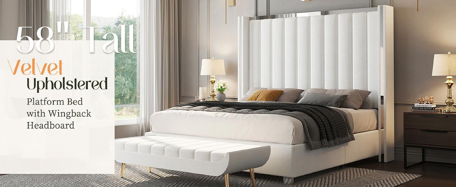 AMERLIFE Modern Bed Frame with 58" Tall Headboard, Velvet Upholstered Platform Bed with Channel Tufted Wingback Headboard & Plating Trim Design, No Box Spring Needed, Luxury Bedroom Furniture/Best Gift Ideas/Christmas Gifts
