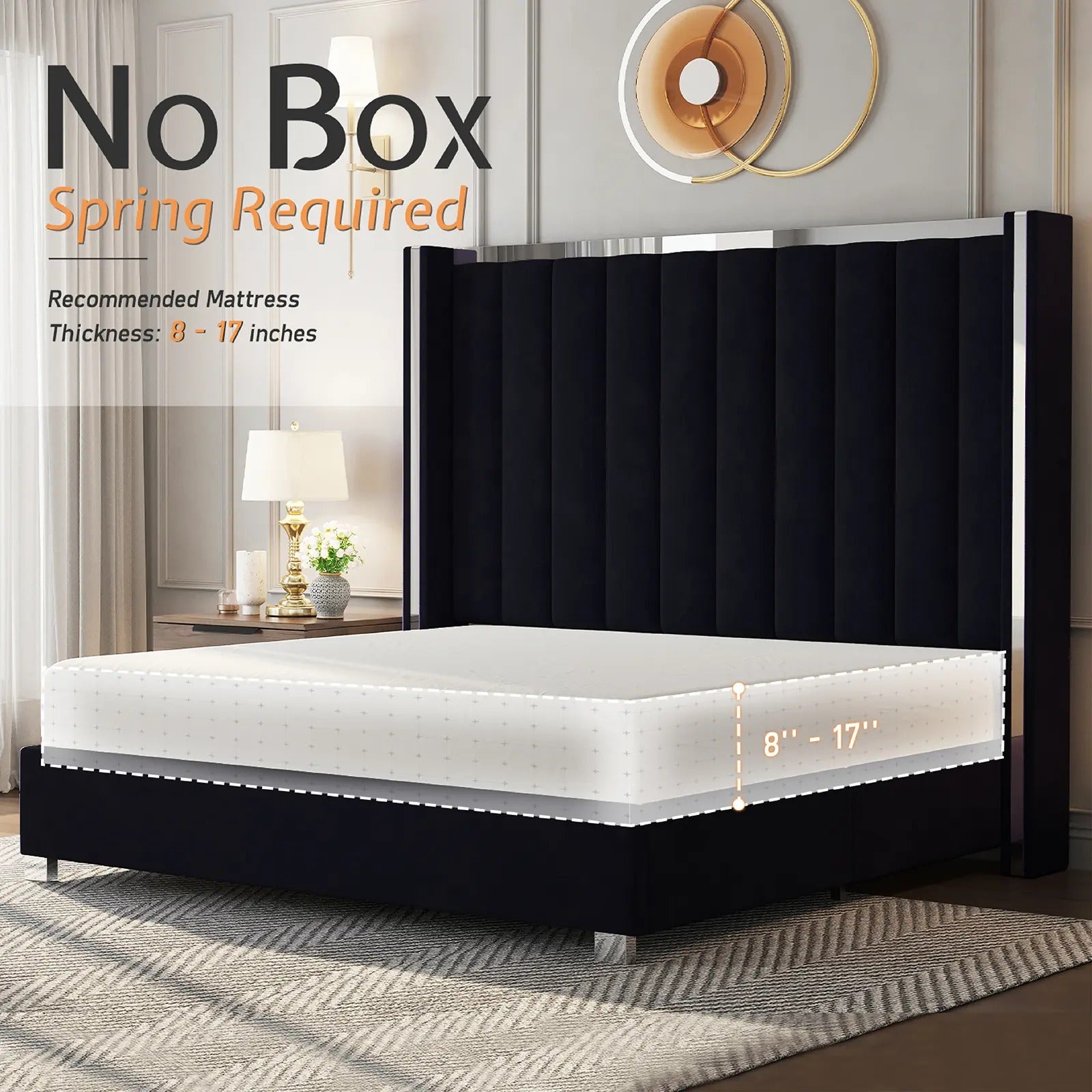 AMERLIFE Modern Bed Frame with 58" Tall Headboard, Velvet Upholstered Platform Bed with Channel Tufted Wingback Headboard & Plating Trim Design, No Box Spring Needed, Luxury Bedroom Furniture/Best Gift Ideas/Christmas Gifts