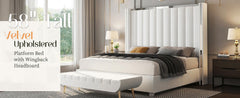 AMERLIFE Modern Bed Frame with 58" Tall Headboard, Velvet Upholstered Platform Bed with Channel Tufted Wingback Headboard & Plating Trim Design, No Box Spring Needed, Luxury Bedroom Furniture/Best Gift Ideas/Christmas Gifts