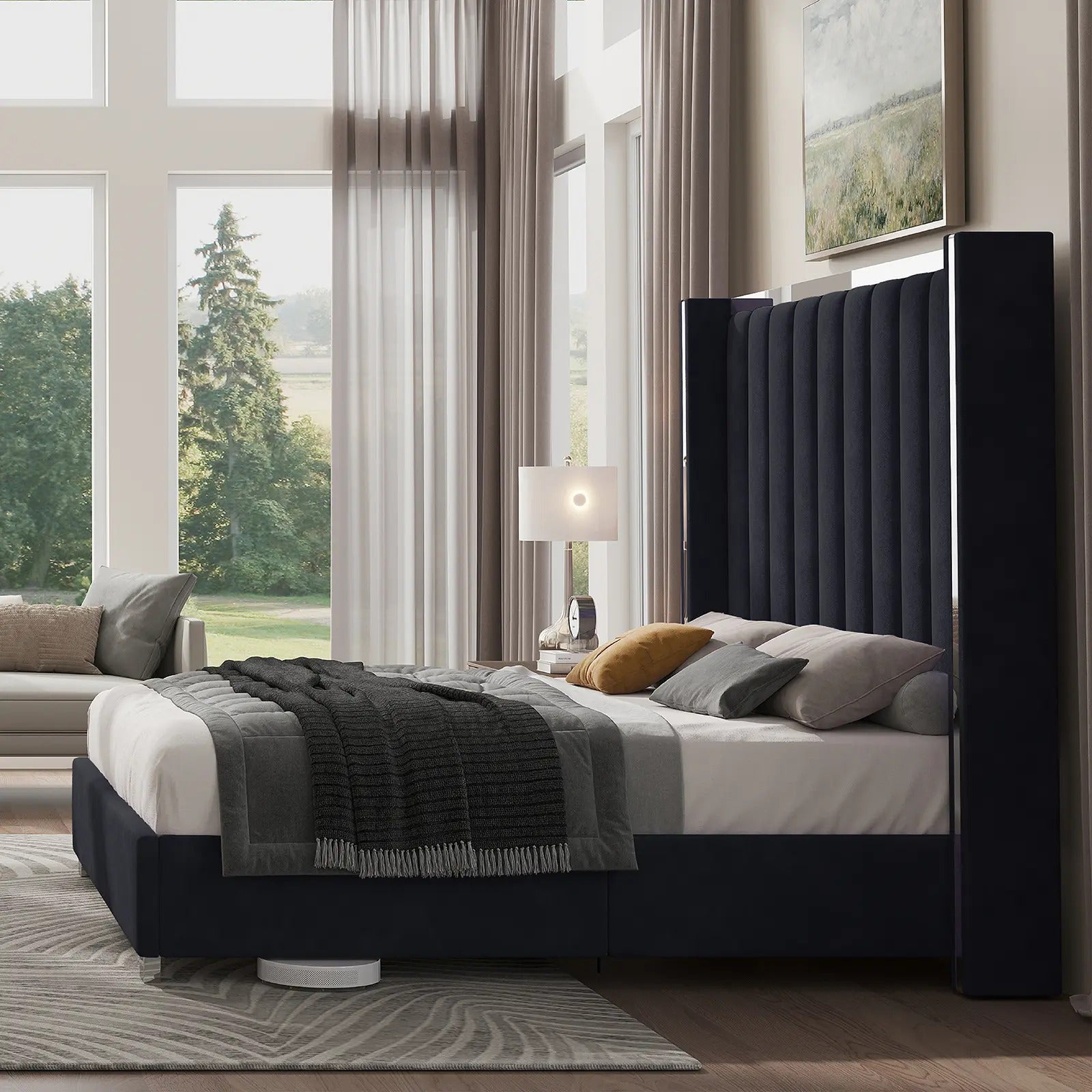 AMERLIFE Modern Bed Frame with 58" Tall Headboard, Velvet Upholstered Platform Bed with Channel Tufted Wingback Headboard & Plating Trim Design, No Box Spring Needed, Luxury Bedroom Furniture/Best Gift Ideas/Christmas Gifts