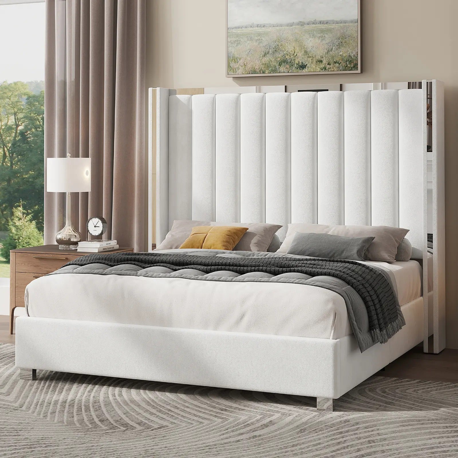 AMERLIFE Modern Bed Frame with 58" Tall Headboard, Velvet Upholstered Platform Bed with Channel Tufted Wingback Headboard & Plating Trim Design, No Box Spring Needed, Luxury Bedroom Furniture/Best Gift Ideas/Christmas Gifts