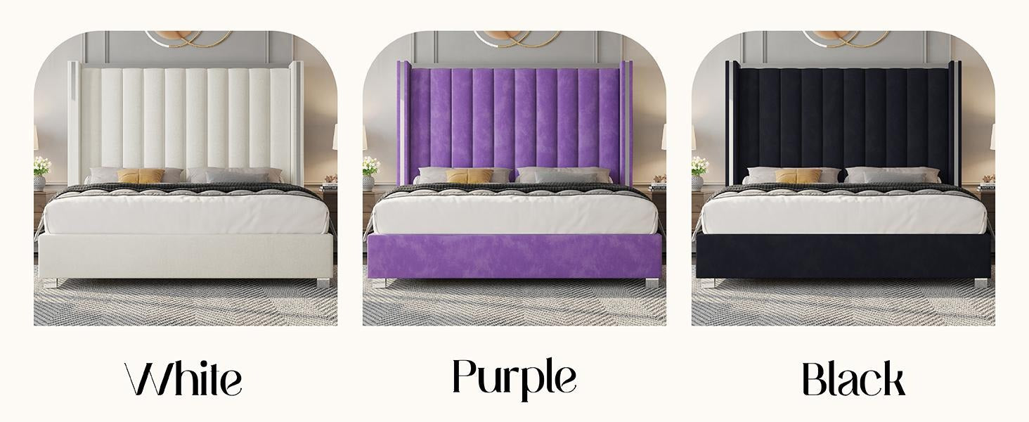 AMERLIFE Modern Bed Frame with 58" Tall Headboard, Velvet Upholstered Platform Bed with Channel Tufted Wingback Headboard & Plating Trim Design, No Box Spring Needed, Luxury Bedroom Furniture/Best Gift Ideas/Christmas Gifts
