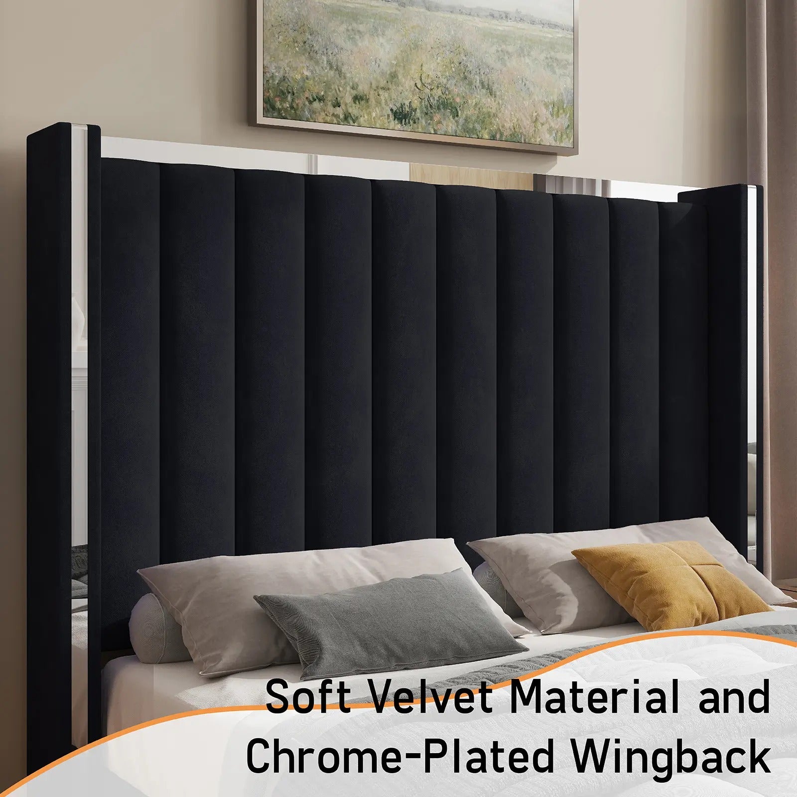 AMERLIFE Modern Bed Frame with 58" Tall Headboard, Velvet Upholstered Platform Bed with Channel Tufted Wingback Headboard & Plating Trim Design, No Box Spring Needed, Luxury Bedroom Furniture/Best Gift Ideas/Christmas Gifts