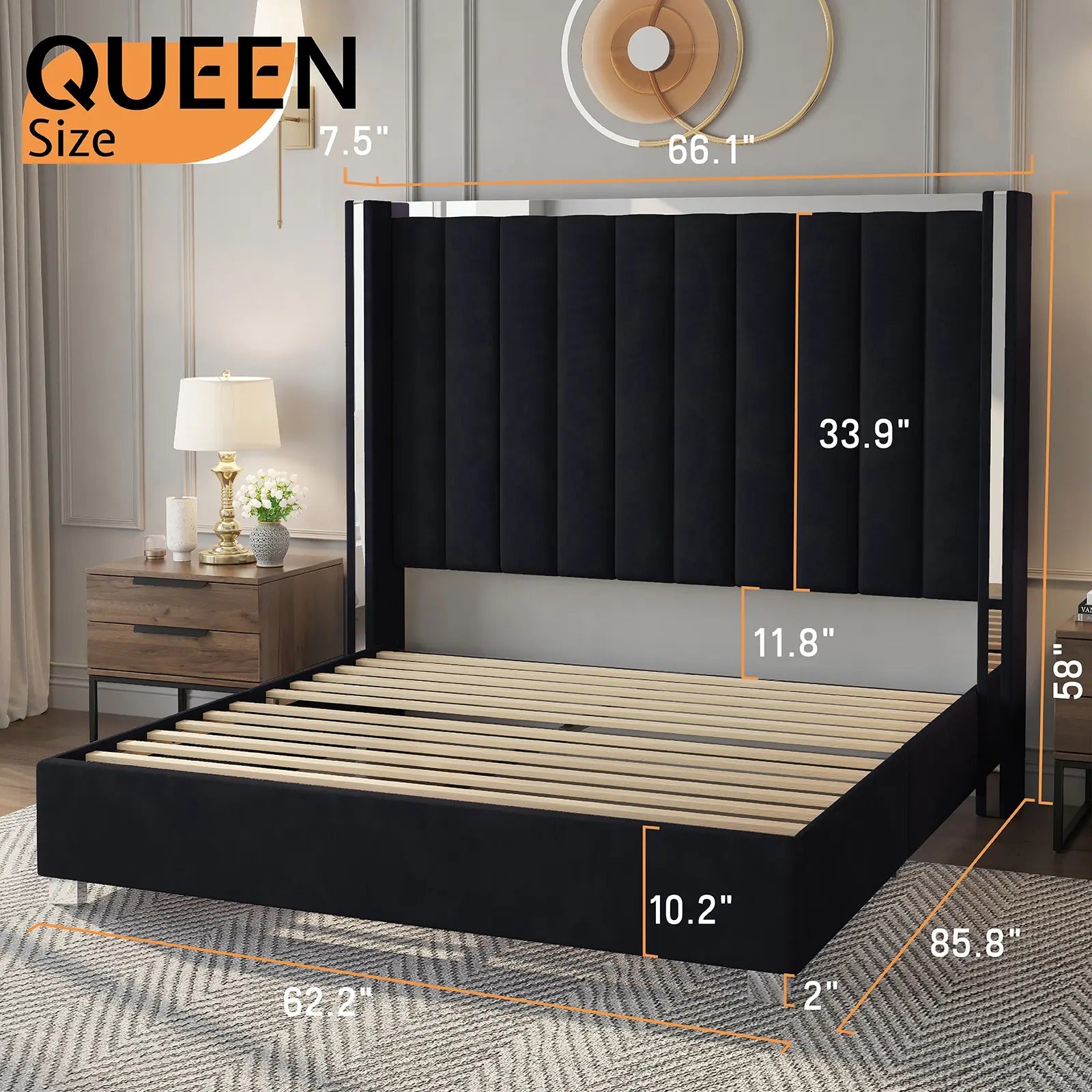 AMERLIFE Modern Bed Frame with 58" Tall Headboard, Velvet Upholstered Platform Bed with Channel Tufted Wingback Headboard & Plating Trim Design, No Box Spring Needed, Luxury Bedroom Furniture/Best Gift Ideas/Christmas Gifts