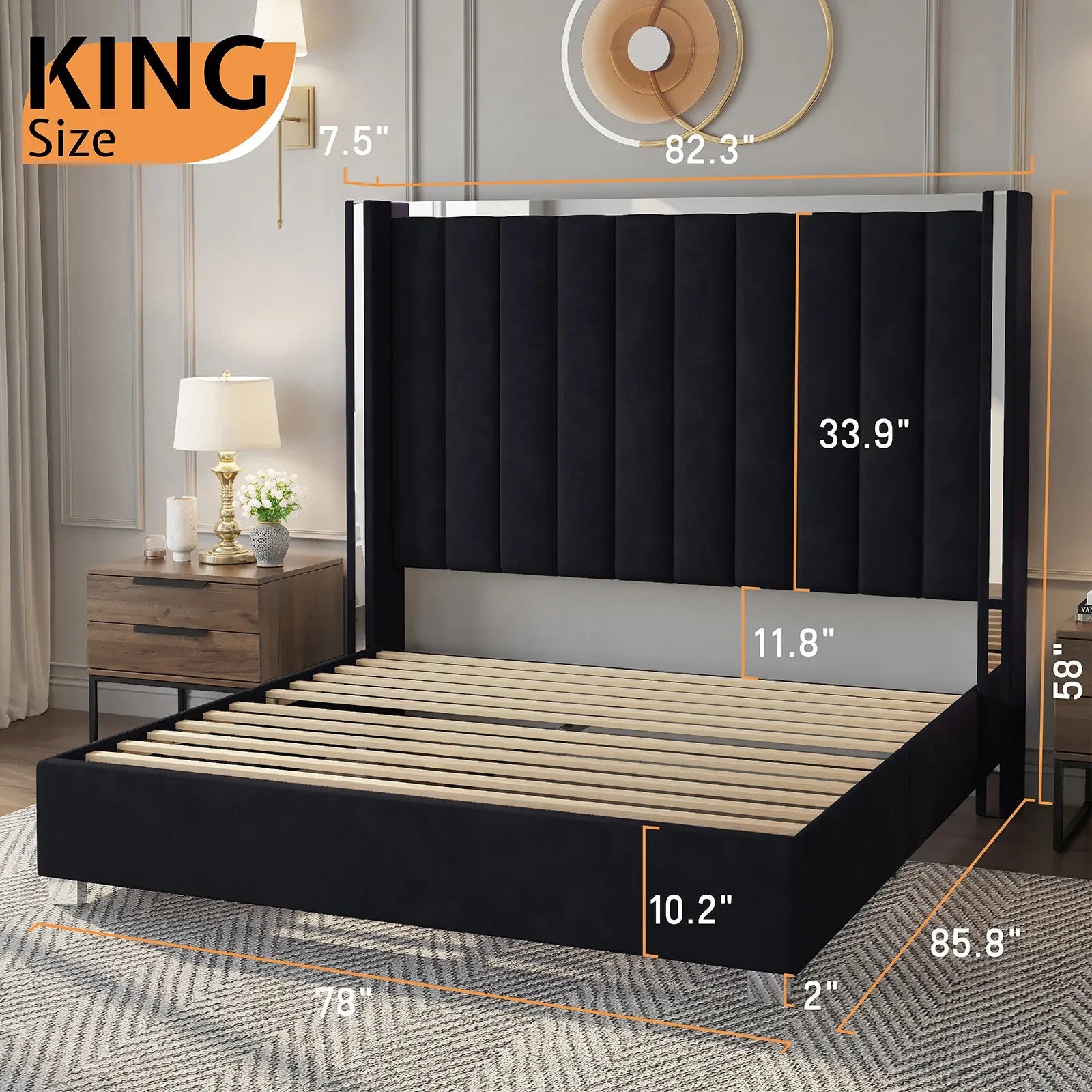 AMERLIFE Modern Bed Frame with 58" Tall Headboard, Velvet Upholstered Platform Bed with Channel Tufted Wingback Headboard & Plating Trim Design, No Box Spring Needed, Luxury Bedroom Furniture/Best Gift Ideas/Christmas Gifts