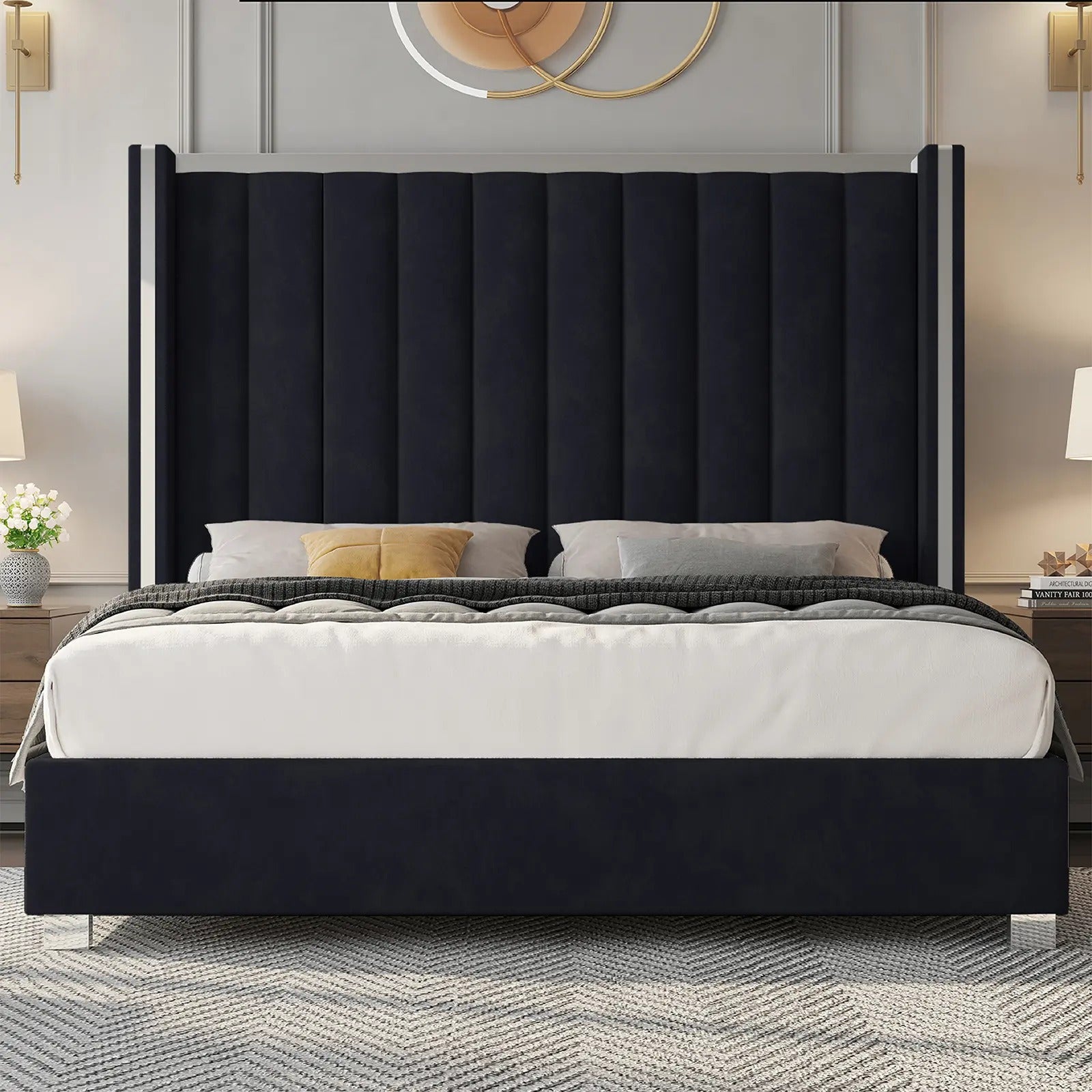 AMERLIFE Modern Bed Frame with 58" Tall Headboard, Velvet Upholstered Platform Bed with Channel Tufted Wingback Headboard & Plating Trim Design, No Box Spring Needed, Luxury Bedroom Furniture/Best Gift Ideas/Christmas Gifts