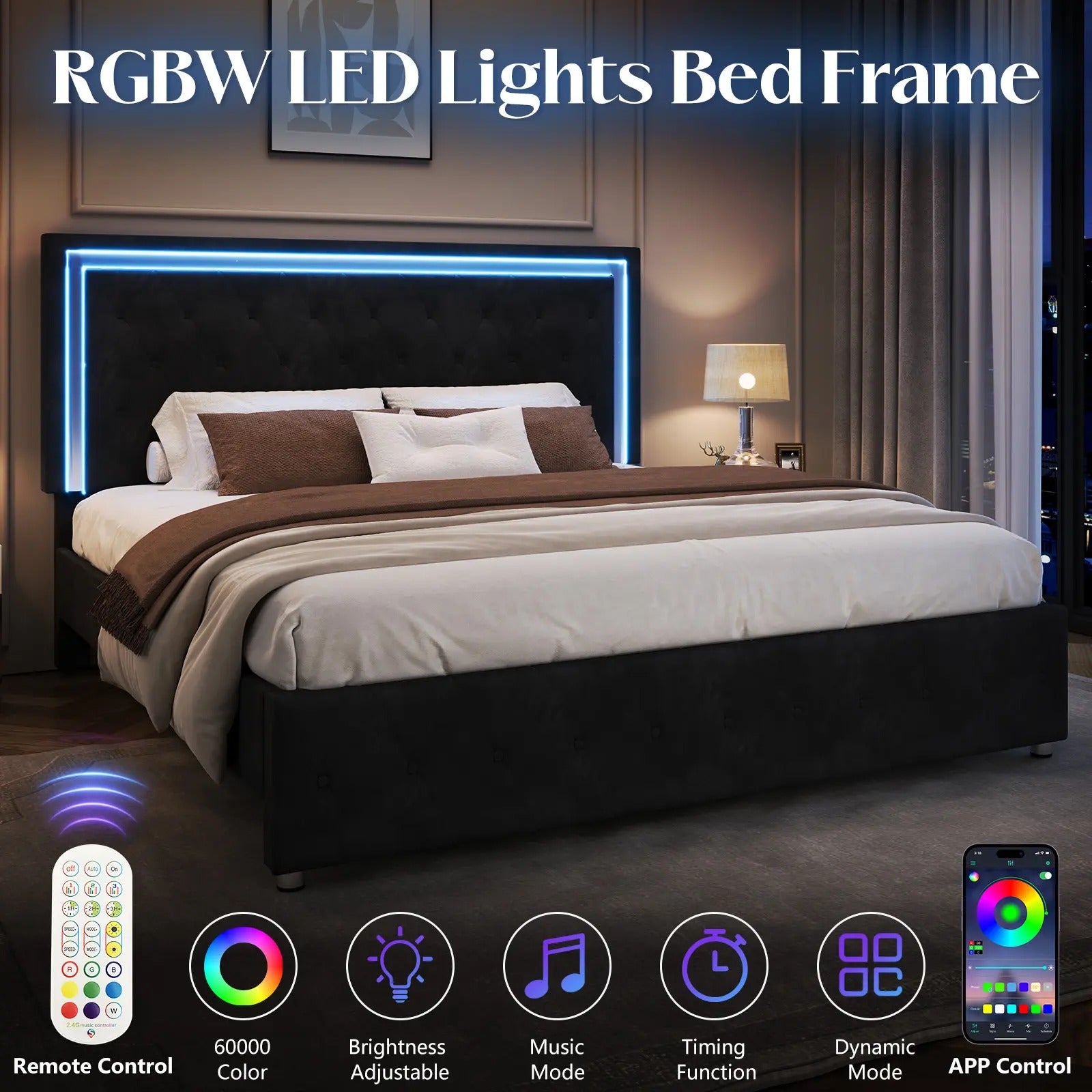 AMERLIFE Modern Bed Frame with RGB LED Lights, Adjustable Headboard Velvet Button Tufted/Acrylic Mirror Accents/Smart APP&Remote Control/No Box Spring Needed/Furniture Room/Full/Queen Size/Best Gift Ideas/Christmas Gifts