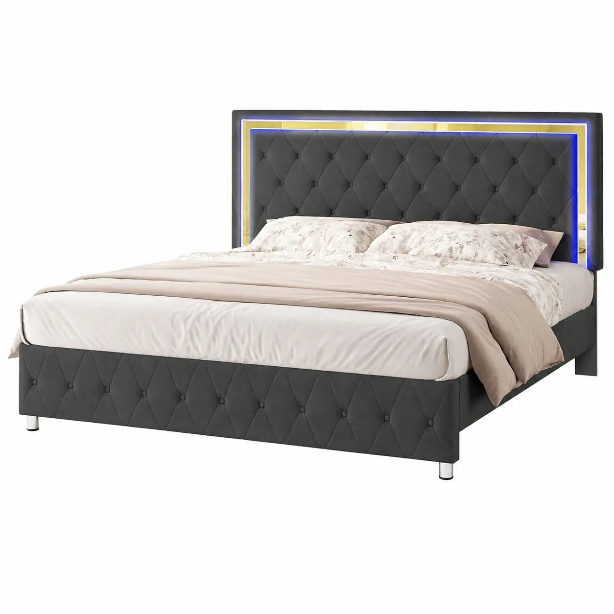 AMERLIFE Modern Bed Frame with RGB LED Lights, Adjustable Headboard Velvet Button Tufted/Acrylic Mirror Accents/Smart APP&Remote Control/No Box Spring Needed/Furniture Room/Full/Queen Size/Best Gift Ideas/Christmas Gifts
