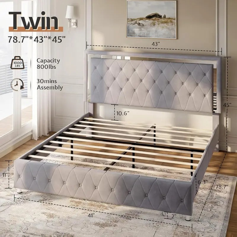 AMERLIFE Modern Bed Frame with RGB LED Lights, Adjustable Headboard Velvet Button Tufted/Acrylic Mirror Accents/Smart APP&Remote Control/No Box Spring Needed/Furniture Room/Full/Queen Size/Best Gift Ideas/Christmas Gifts