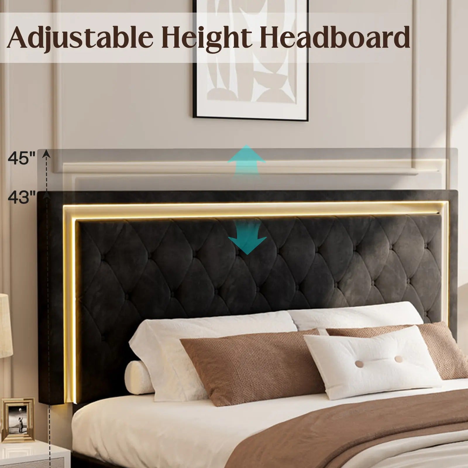 AMERLIFE Modern Bed Frame with RGB LED Lights, Adjustable Headboard Velvet Button Tufted/Acrylic Mirror Accents/Smart APP&Remote Control/No Box Spring Needed/Furniture Room/Full/Queen Size/Best Gift Ideas/Christmas Gifts