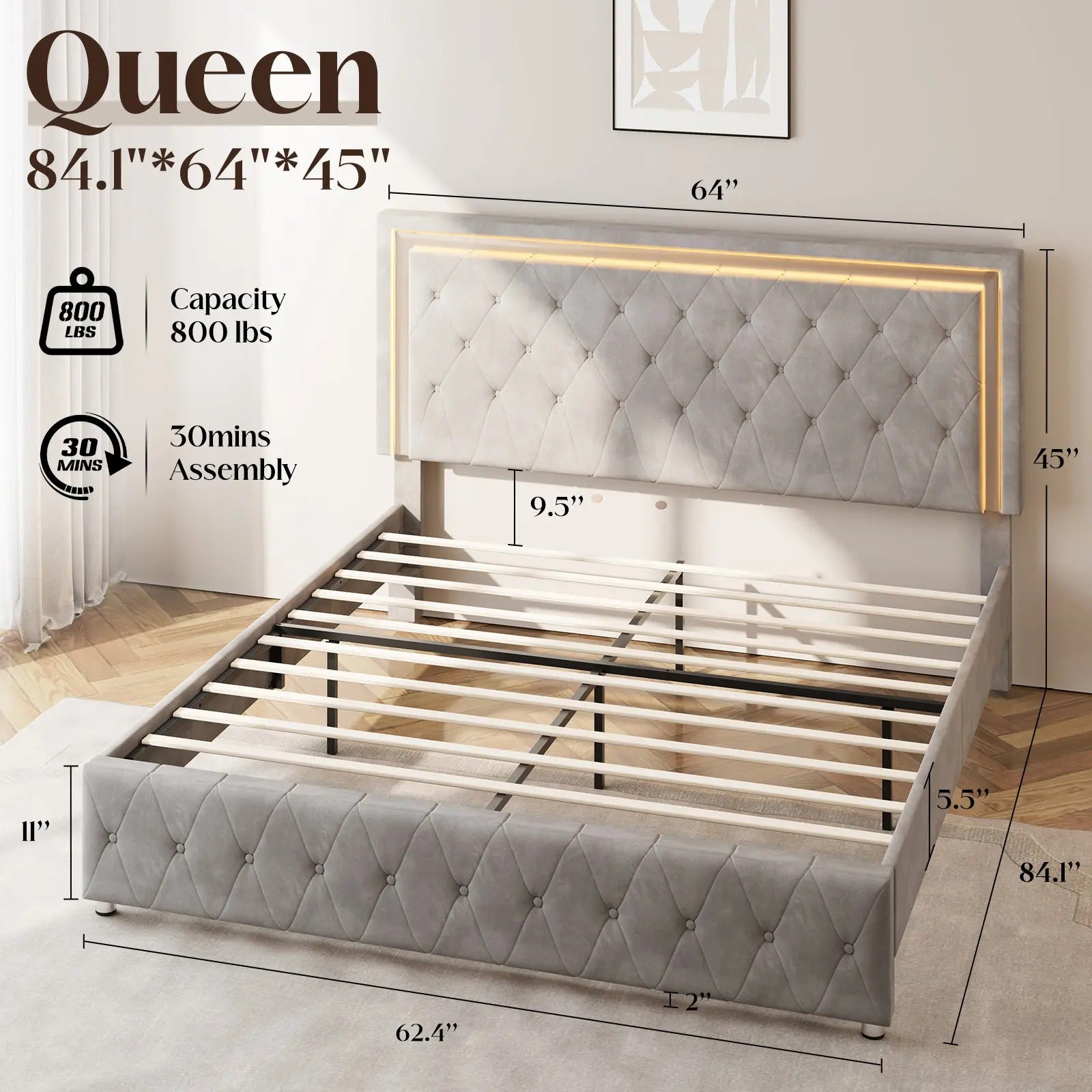 AMERLIFE Modern Bed Frame with RGB LED Lights, Adjustable Headboard Velvet Button Tufted/Acrylic Mirror Accents/Smart APP&Remote Control/No Box Spring Needed/Furniture Room/Full/Queen Size/Best Gift Ideas/Christmas Gifts