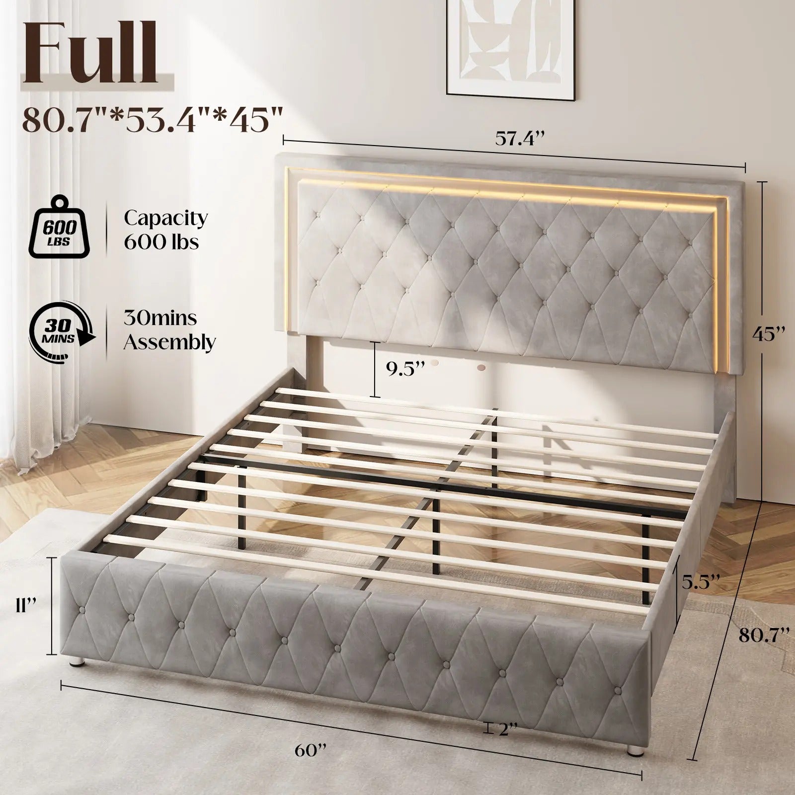 AMERLIFE Modern Bed Frame with RGB LED Lights, Adjustable Headboard Velvet Button Tufted/Acrylic Mirror Accents/Smart APP&Remote Control/No Box Spring Needed/Furniture Room/Full/Queen Size/Best Gift Ideas/Christmas Gifts