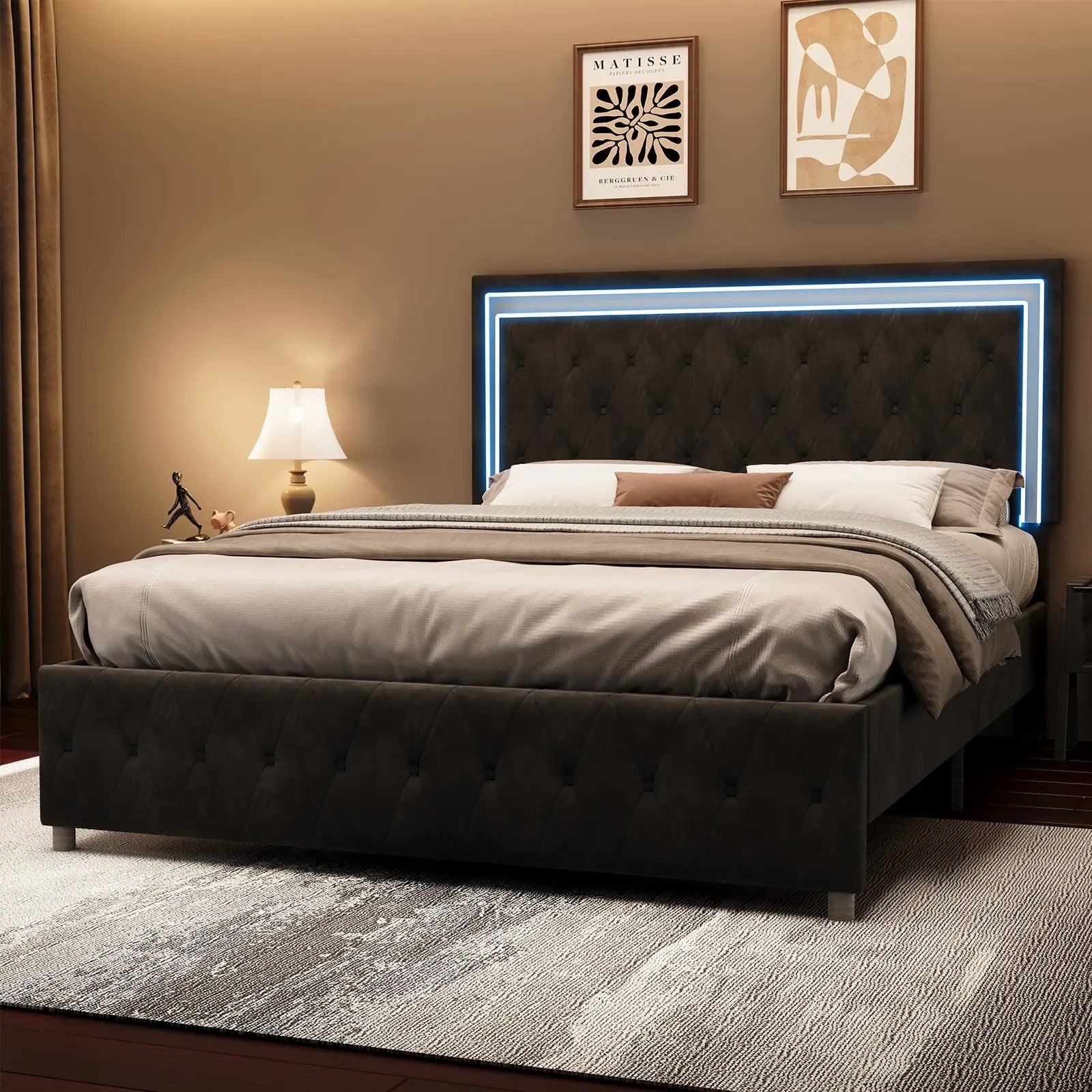 AMERLIFE Modern Bed Frame with RGB LED Lights, Adjustable Headboard Velvet Button Tufted/Acrylic Mirror Accents/Smart APP&Remote Control/No Box Spring Needed/Furniture Room/Full/Queen Size/Best Gift Ideas/Christmas Gifts