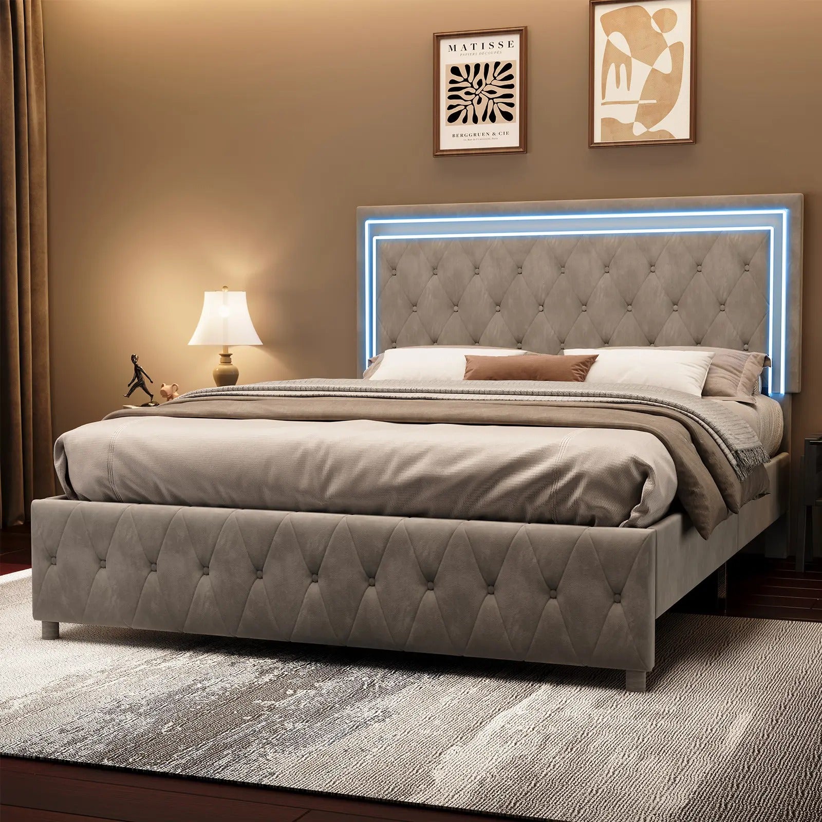 AMERLIFE Modern Bed Frame with RGB LED Lights, Adjustable Headboard Velvet Button Tufted/Acrylic Mirror Accents/Smart APP&Remote Control/No Box Spring Needed/Furniture Room/Full/Queen Size/Best Gift Ideas/Christmas Gifts