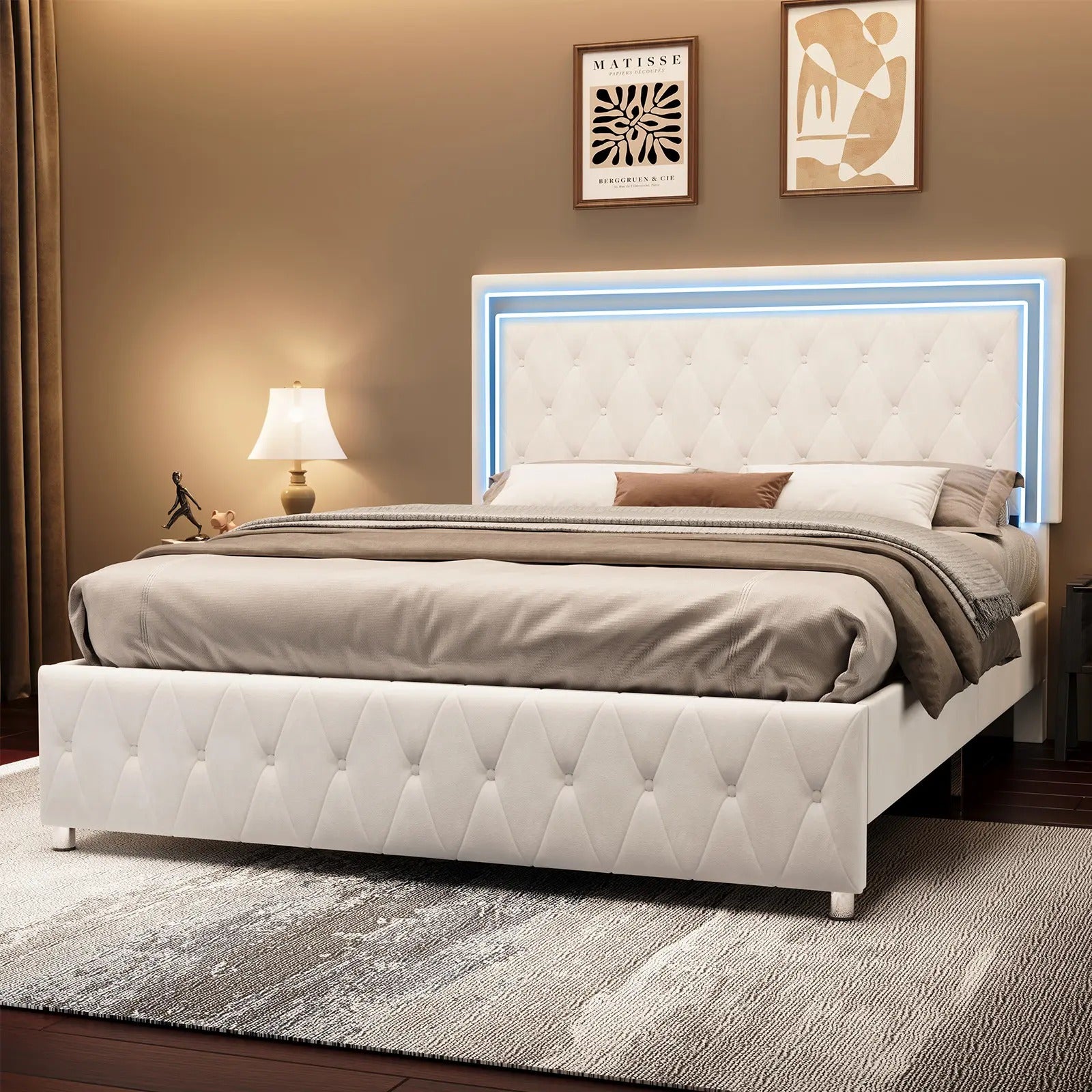 AMERLIFE Modern Bed Frame with RGB LED Lights, Adjustable Headboard Velvet Button Tufted/Acrylic Mirror Accents/Smart APP&Remote Control/No Box Spring Needed/Furniture Room/Full/Queen Size/Best Gift Ideas/Christmas Gifts