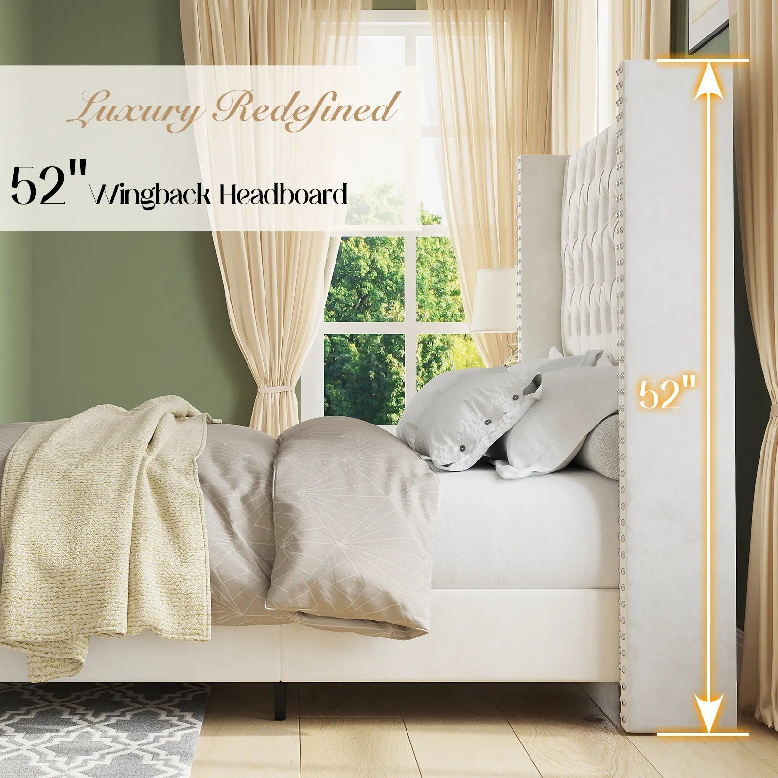 AMERLIFE Modern Bed Frame, Velvet Upholstered Platform Bed with 51.6" Tall Wingback Headboard, Deep Button Tufted, No Box Spring Needed/Sturdy Structure Design/Luxury Furniture Design/Queen/King Size/Christmas Gifts