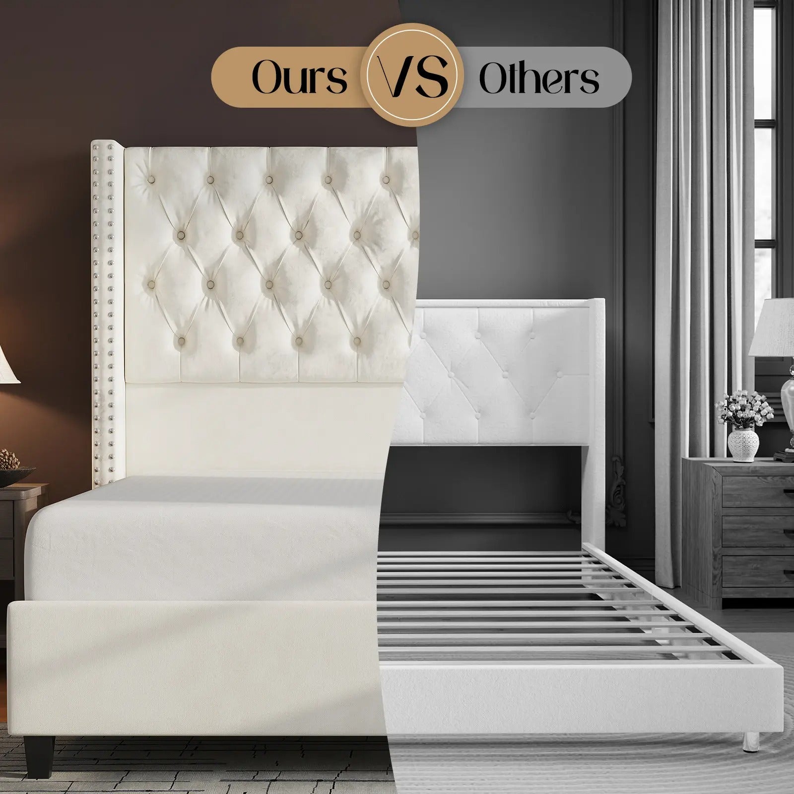 AMERLIFE Modern Bed Frame, Velvet Upholstered Platform Bed with 51.6" Tall Wingback Headboard, Deep Button Tufted, No Box Spring Needed/Sturdy Structure Design/Luxury Furniture Design/Queen/King Size/Christmas Gifts