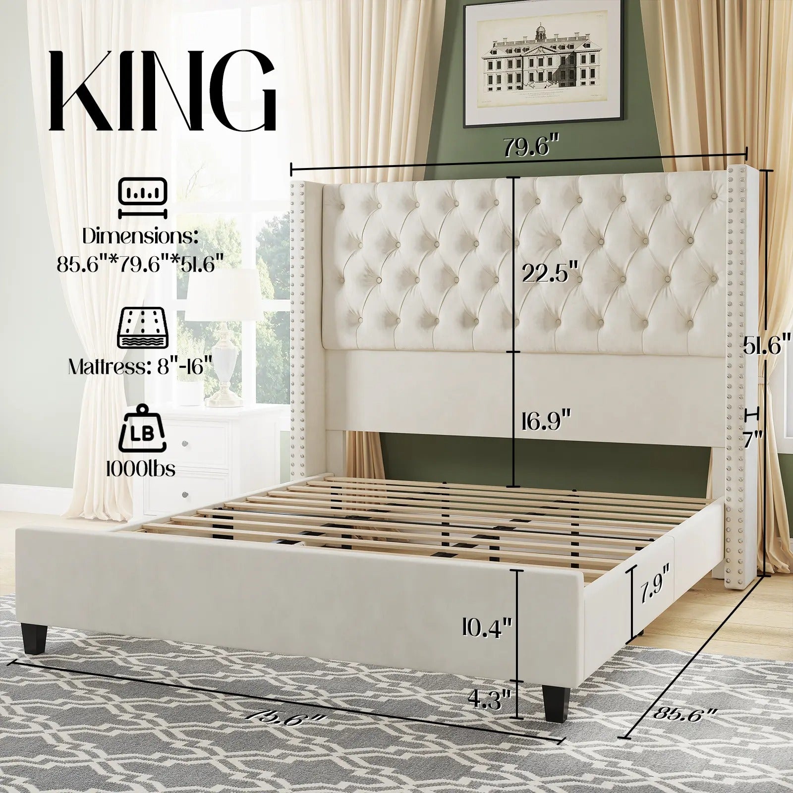 AMERLIFE Modern Bed Frame, Velvet Upholstered Platform Bed with 51.6" Tall Wingback Headboard, Deep Button Tufted, No Box Spring Needed/Sturdy Structure Design/Luxury Furniture Design/Queen/King Size/Christmas Gifts