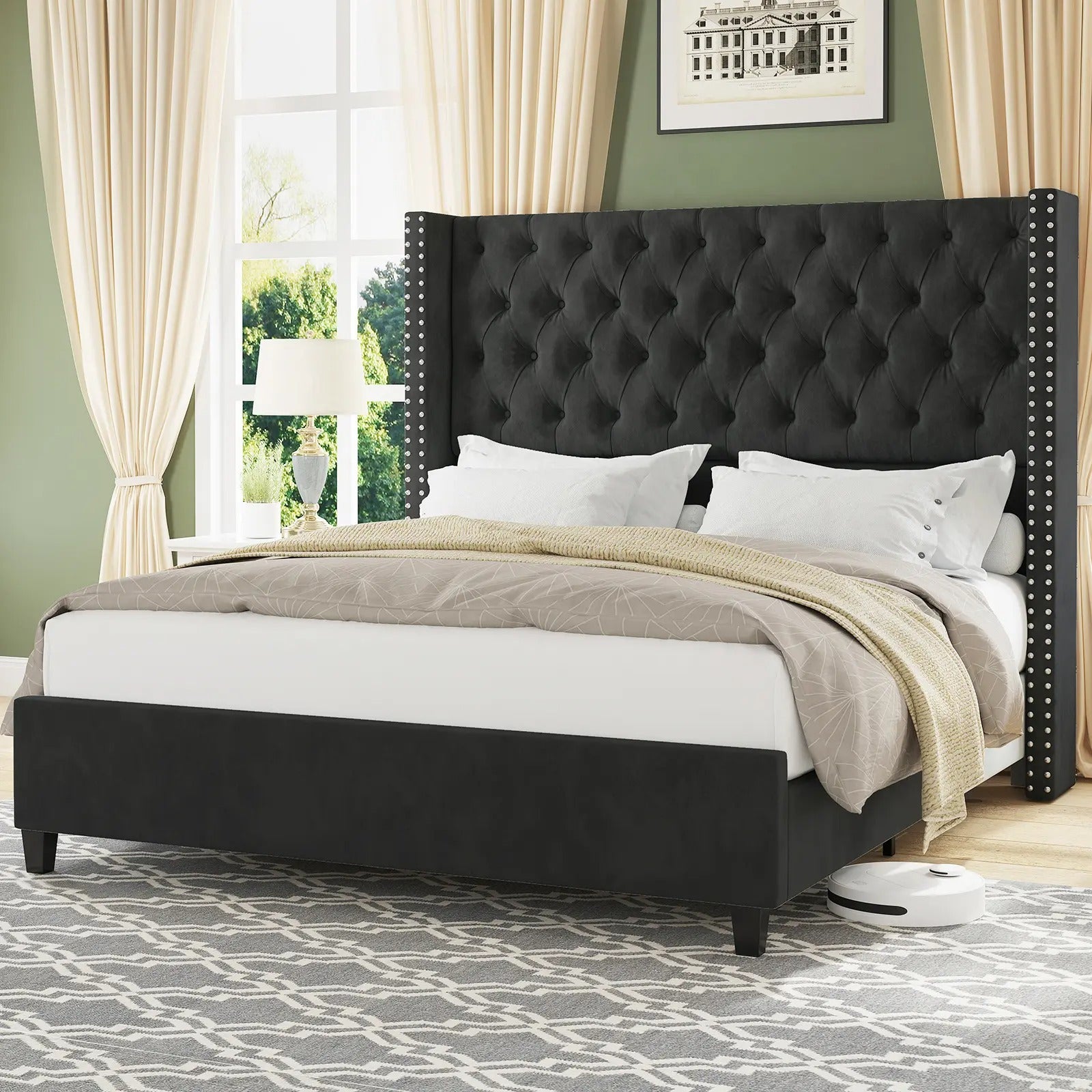 AMERLIFE Modern Bed Frame, Velvet Upholstered Platform Bed with 51.6" Tall Wingback Headboard, Deep Button Tufted, No Box Spring Needed/Sturdy Structure Design/Luxury Furniture Design/Queen/King Size/Christmas Gifts