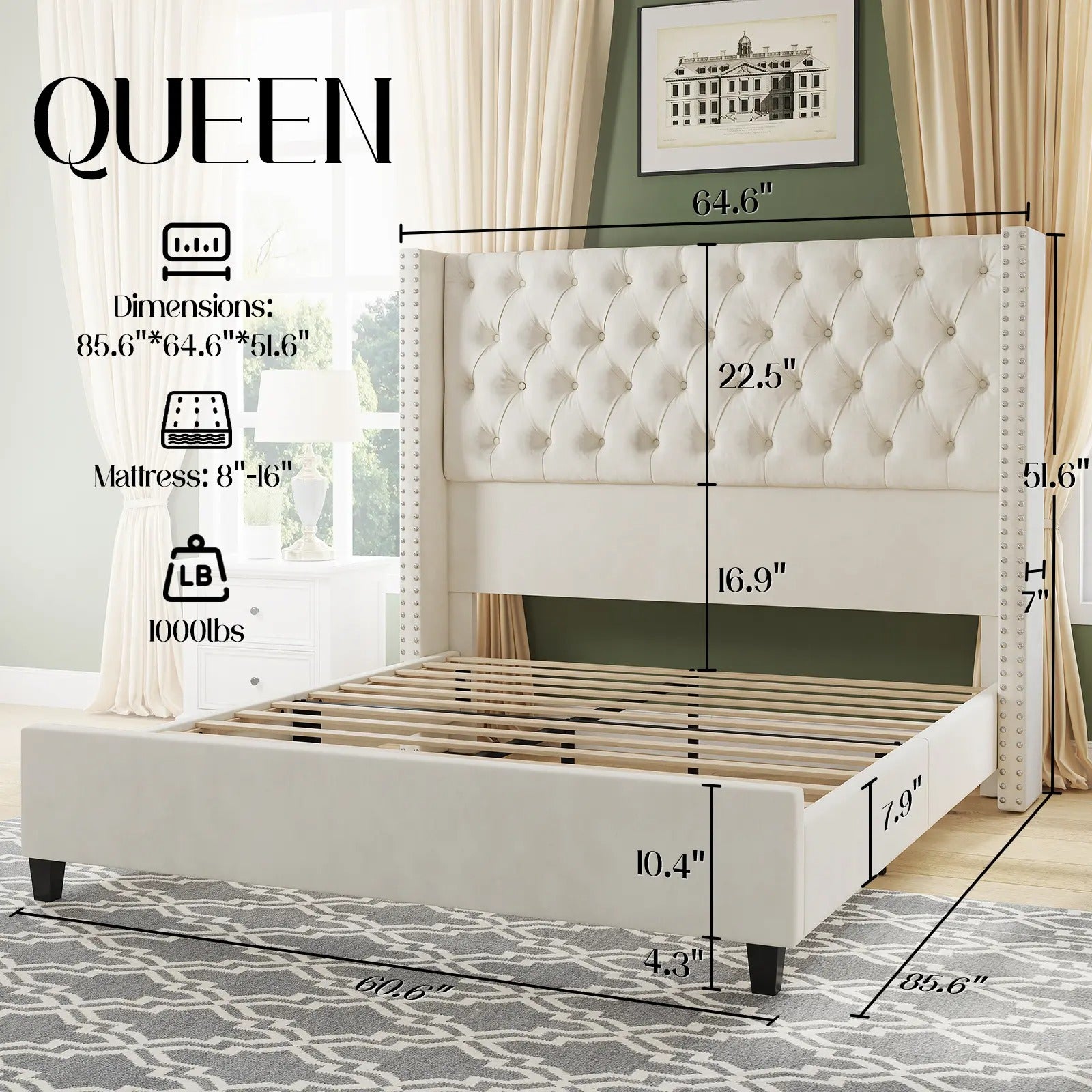 AMERLIFE Modern Bed Frame, Velvet Upholstered Platform Bed with 51.6" Tall Wingback Headboard, Deep Button Tufted, No Box Spring Needed/Sturdy Structure Design/Luxury Furniture Design/Queen/King Size/Christmas Gifts
