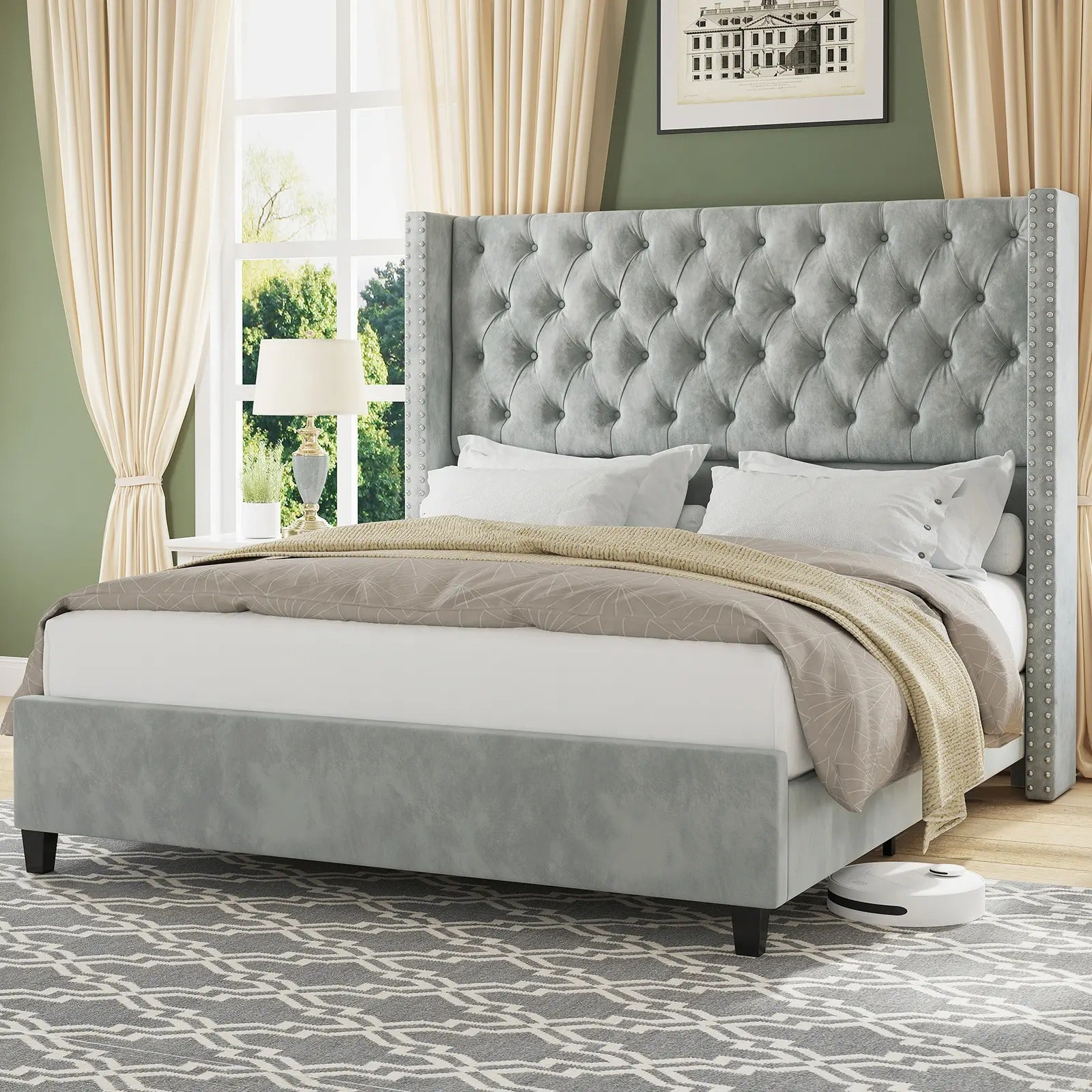 AMERLIFE Modern Bed Frame, Velvet Upholstered Platform Bed with 51.6" Tall Wingback Headboard, Deep Button Tufted, No Box Spring Needed/Sturdy Structure Design/Luxury Furniture Design/Queen/King Size/Christmas Gifts