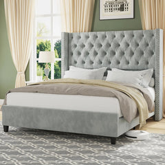 AMERLIFE Modern Bed Frame, Velvet Upholstered Platform Bed with 51.6" Tall Wingback Headboard, Deep Button Tufted, No Box Spring Needed/Sturdy Structure Design/Luxury Furniture Design/Queen/King Size/Christmas Gifts