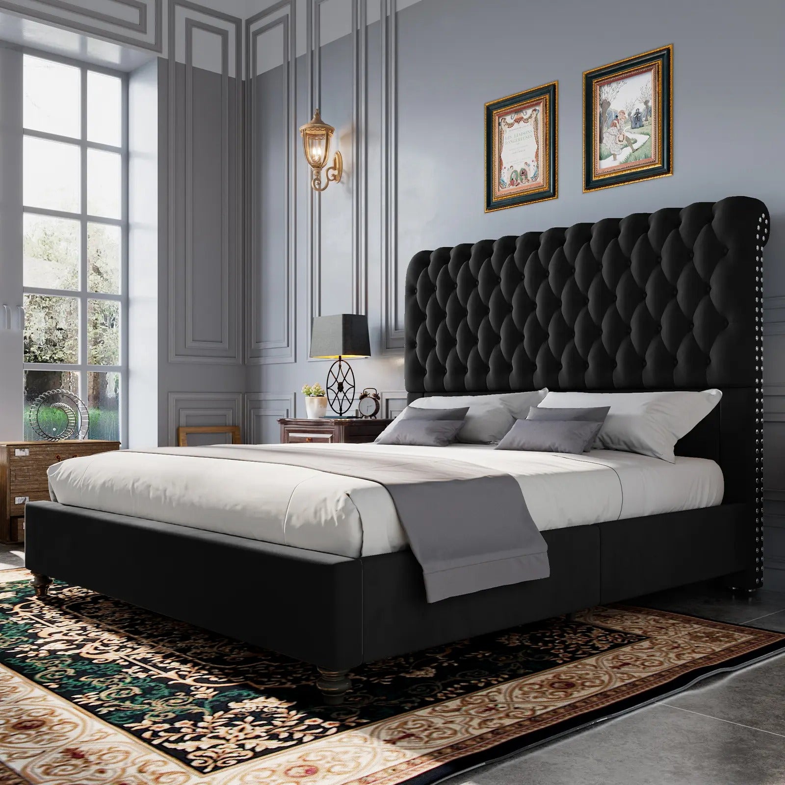 AMERLIFE 52.8" High Bed Frame with Sleigh Headboard, Modern Velvet Upholstered Platform Bed with Deep Button Tufted Headboard/Studded Trim, Queen/King Size/Unique Bedroom Furniture/Best Gift Ideas/Christmas Gifts