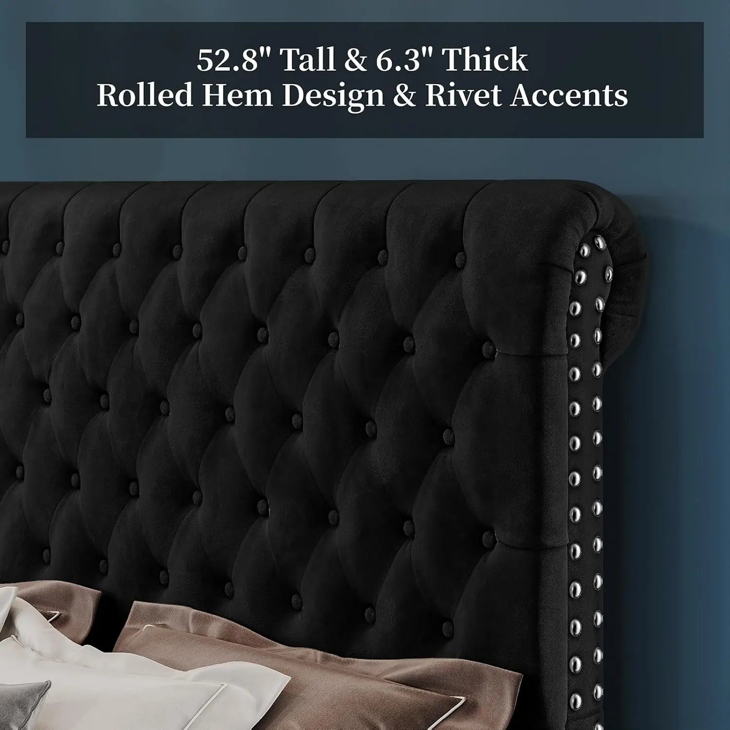 AMERLIFE 52.8" High Bed Frame with Sleigh Headboard, Modern Velvet Upholstered Platform Bed with Deep Button Tufted Headboard/Studded Trim, Queen/King Size/Unique Bedroom Furniture/Best Gift Ideas/Christmas Gifts