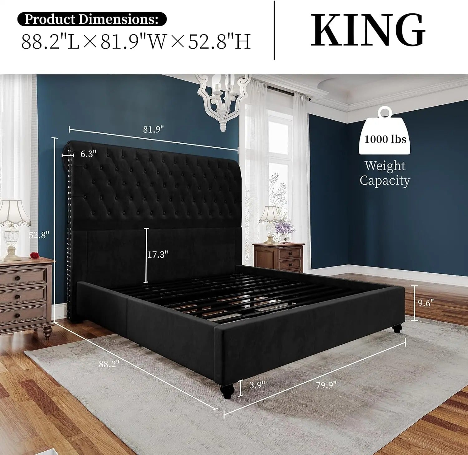 AMERLIFE 52.8" High Bed Frame with Sleigh Headboard, Modern Velvet Upholstered Platform Bed with Deep Button Tufted Headboard/Studded Trim, Queen/King Size/Unique Bedroom Furniture/Best Gift Ideas/Christmas Gifts