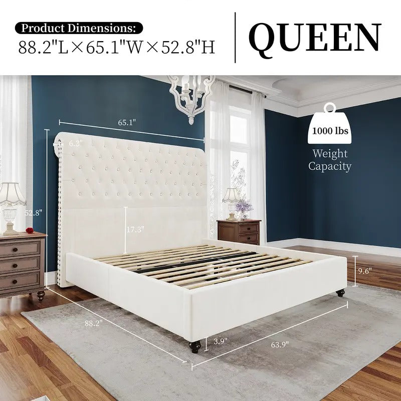 AMERLIFE 52.8" High Bed Frame with Sleigh Headboard, Modern Velvet Upholstered Platform Bed with Deep Button Tufted Headboard/Studded Trim, Queen/King Size/Unique Bedroom Furniture/Best Gift Ideas/Christmas Gifts