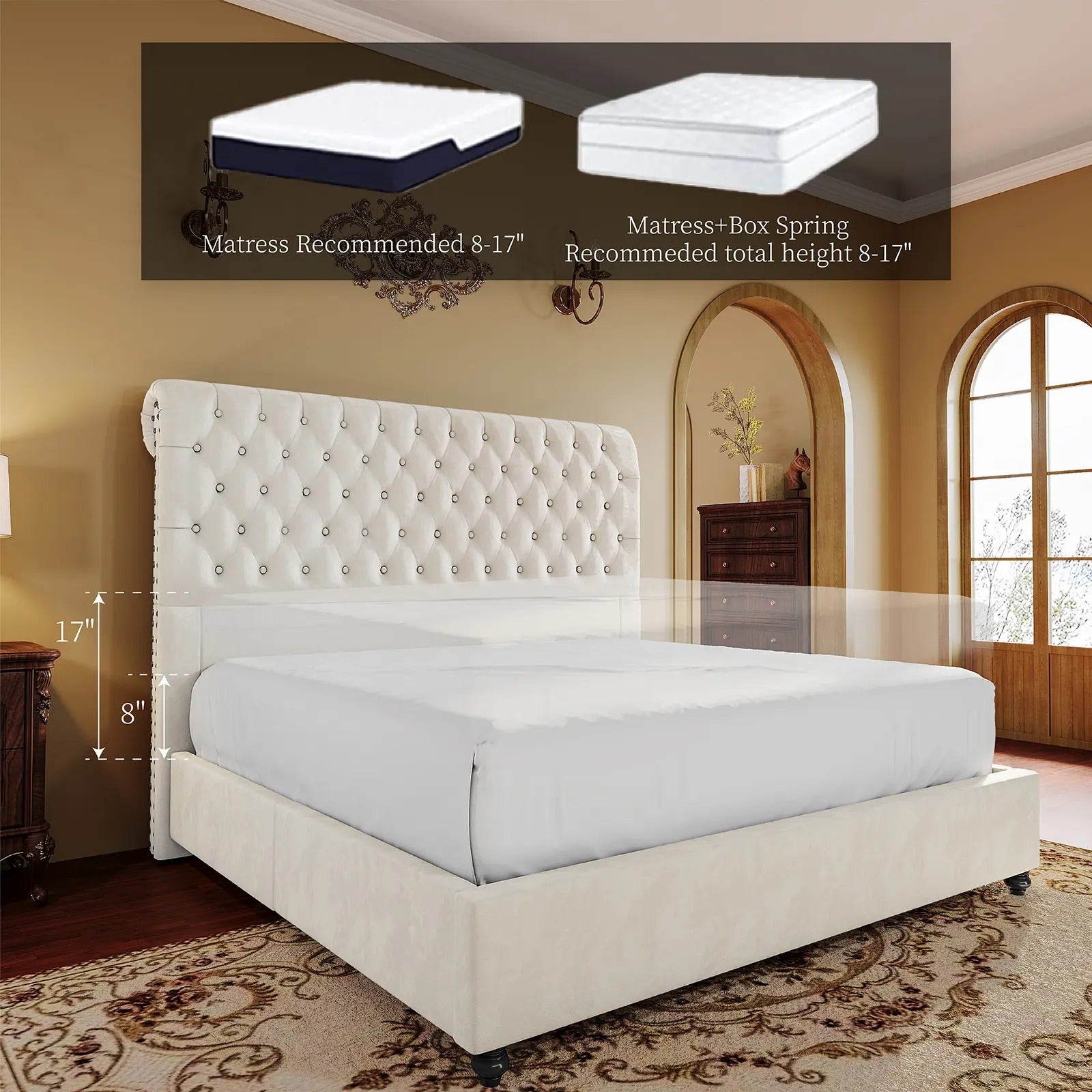 AMERLIFE 52.8" High Bed Frame with Sleigh Headboard, Modern Velvet Upholstered Platform Bed with Deep Button Tufted Headboard/Studded Trim, Queen/King Size/Unique Bedroom Furniture/Best Gift Ideas/Christmas Gifts