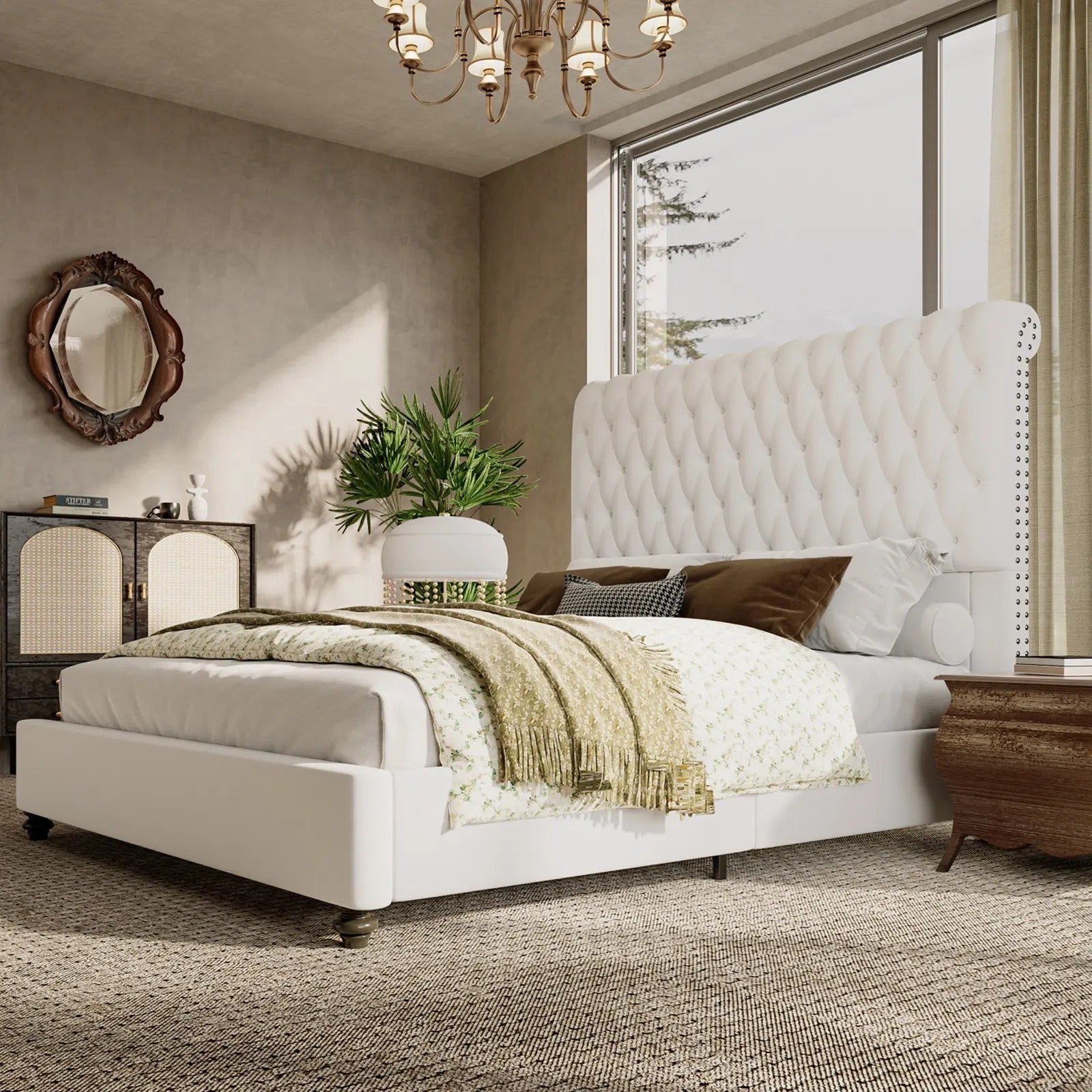 AMERLIFE 52.8" High Bed Frame with Sleigh Headboard, Modern Velvet Upholstered Platform Bed with Deep Button Tufted Headboard/Studded Trim, Queen/King Size/Unique Bedroom Furniture/Best Gift Ideas/Christmas Gifts